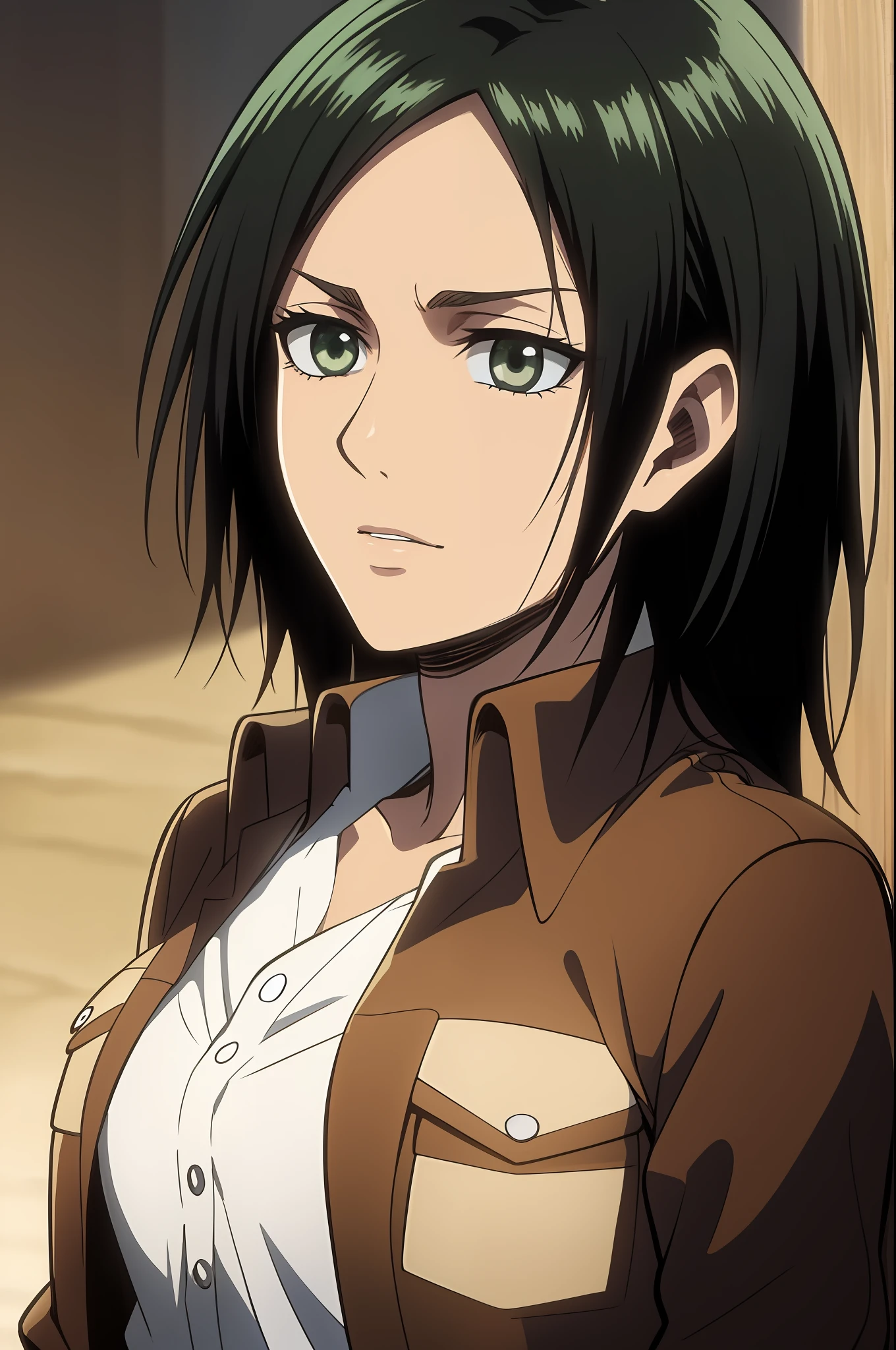 ((1mujer)), pelo recogido, estilo anime attack on titan (cabello negro: 1.3), TRANQUILO, cabello recogido bajo, cabello entre ojos, patillas, ojos azul verde, ojos rasgados, ojos pequeños, labios, escote negro, camisa negro, prenda negro, pechos medianos, primer plano, solo, labios, obra maestra, plano medio, altamente detallado, mejor calidad, iluminación dramática