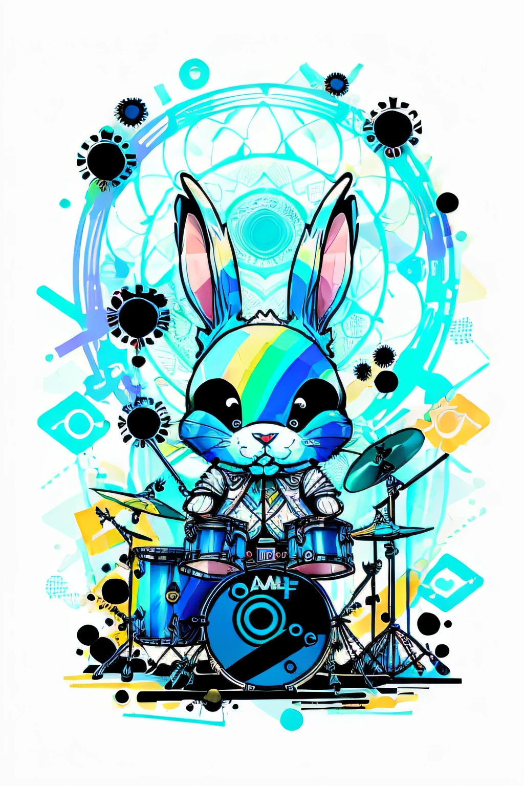 no estilo de 0mib, Adorable rabbit playing drums, Prismatic fragments, reflecting fractal circles, respingos de tinta, pinceladas derretendo, Particle vortex, lighting dramatic, alta qualidade, majo, obra-prima