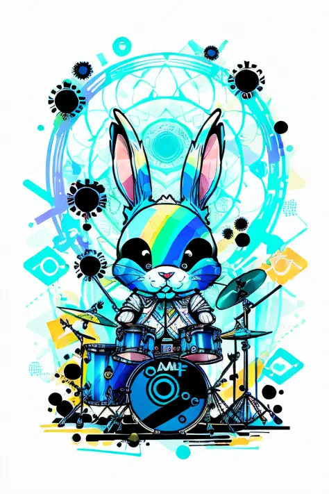 no estilo de 0mib, adorable rabbit playing drums, prismatic fragments, reflecting fractal circles, respingos de tinta, pincelada...