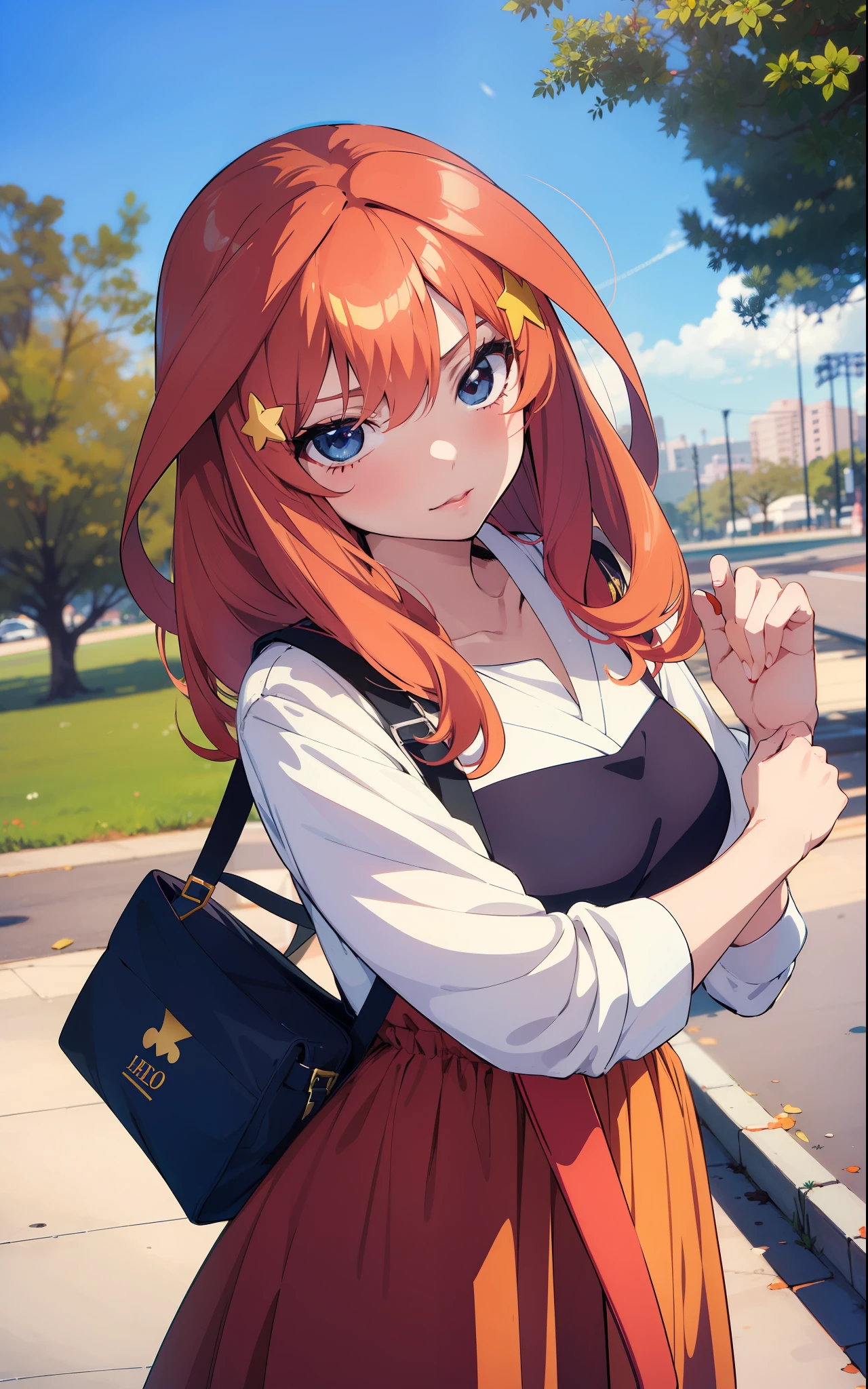 Chica anime con pelo rojo y una bolsa negra parada en una  acera（nakano-itsuki) - SeaArt AI