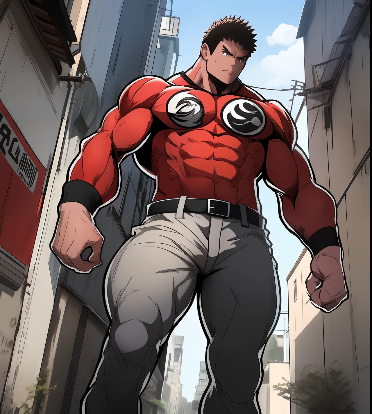 Generate anime-style art with a high-angle shot of a muscular male character with his body facing the camera, THE CHARACTER IS STANDING ON TOP OF A TALL BUILDING, The protagonist must have an extremely muscular body, very tall, similar to that of a bodybuilder. The character must have very short hair with dark brown bangs and must be wearing a red long sleeve T-shirt with black pants and a belt and must be wearing a white sneaker. The image should depict the character's entire body, focusing on his intimidating posture. The protagonist must exude strength and dominance, displaying a powerful presence. The scene should feature only the muscular character, THE CHARACTER SHOULD BE ON TOP OF A BUILDING SHOWING A LARGE CITY BELOW HIM