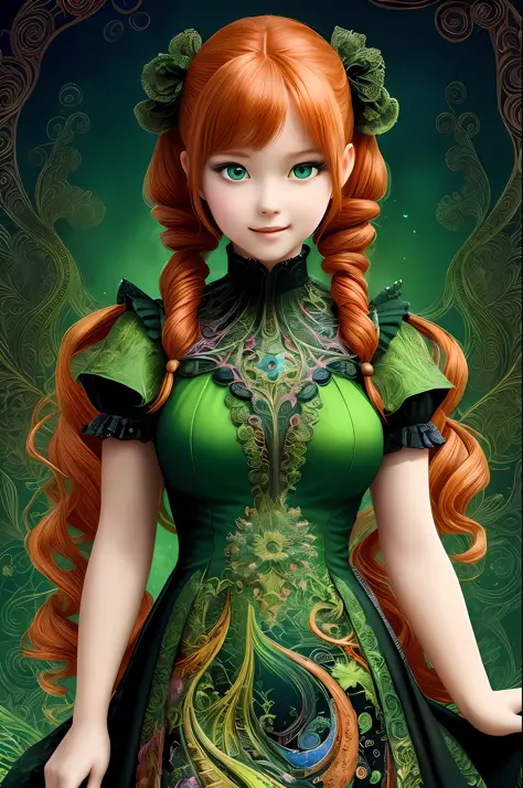 An young woman with long red hair wearing a green dress, detailed fantasy digital art, intricate ornate cgi anime style, hyper-d...
