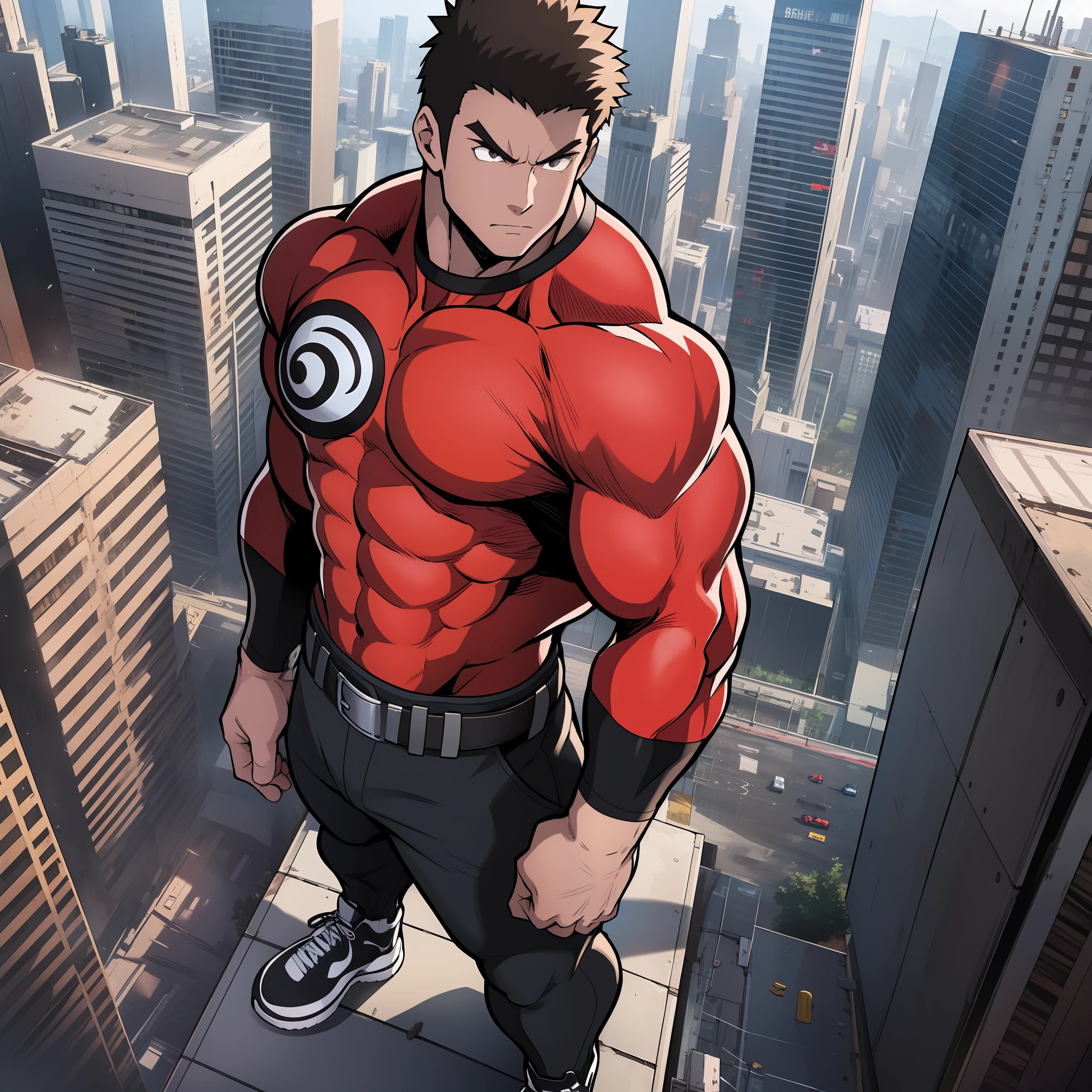 Generate anime-style art with a high-angle shot of a muscular male character with his body facing the camera, THE CHARACTER IS STANDING ON TOP OF A TALL BUILDING, The protagonist must have an extremely muscular body, very tall, similar to that of a bodybuilder. The character must have very short hair with dark brown bangs and must be wearing a red long sleeve T-shirt with black pants and a belt and must be wearing a white sneaker. The image should depict the character's entire body, focusing on his intimidating posture. The protagonist must exude strength and dominance, displaying a powerful presence. The scene should feature only the muscular character, THE CHARACTER SHOULD BE ON TOP OF A BUILDING SHOWING A LARGE CITY BELOW HIM