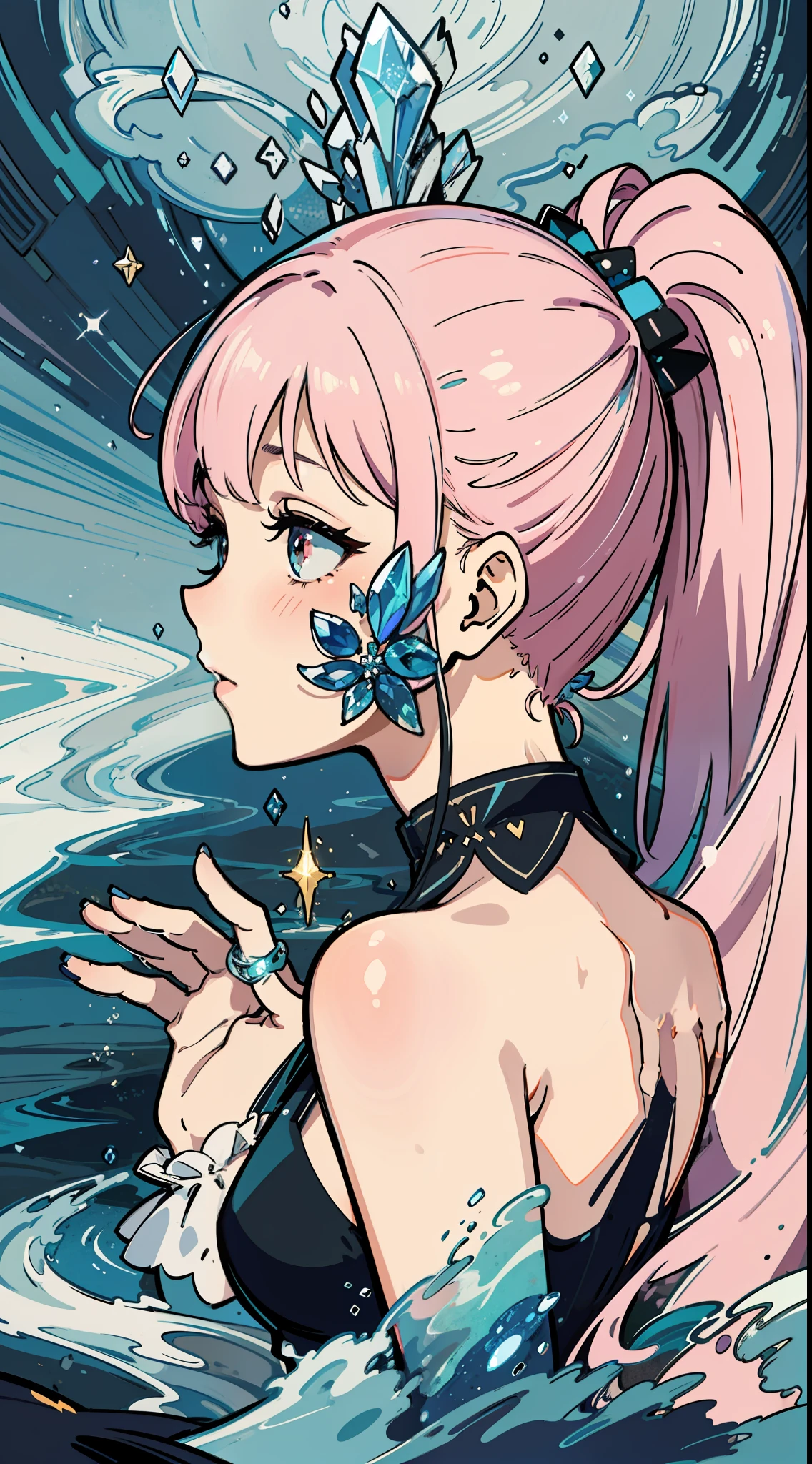 Detailed depiction of girl details, emphasis on pink double ponytail, clearly express the silhouette of the girl's shape, static, by the river, hands on the back, the river in the distance is crystal clear, shimmering ripples in the light background, depicting a mysterious and unique atmosphere.