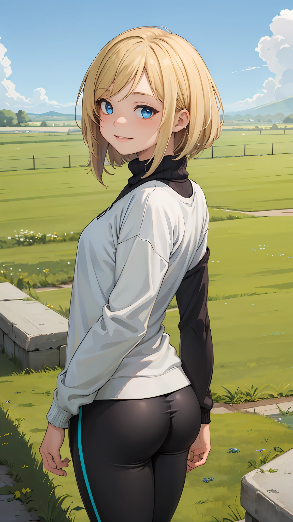 best quality, masterpiece, small breasts, smile, sweatshirt, leggings, outdoors, alone, anime style, grass field, daytime, blue sky, blue eyes, detailed eyes, medium hair, blonde hair, loose hair, bangs, ass,