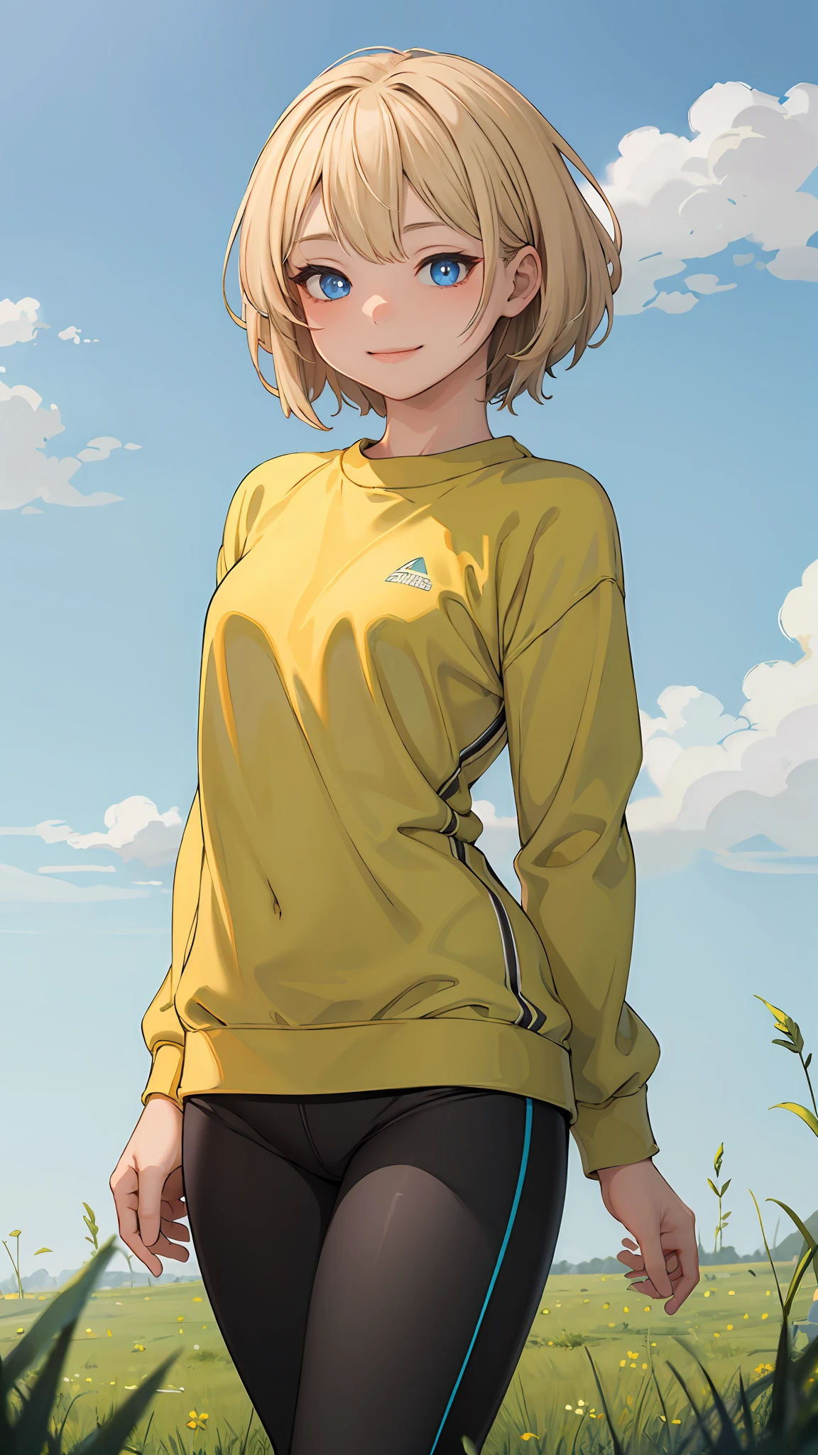 best quality, masterpiece, small breasts, smile, sweatshirt, leggings, outdoors, alone, anime style, grass field, daytime, blue sky, blue eyes, detailed eyes, medium hair, blonde hair, loose hair, bangs,