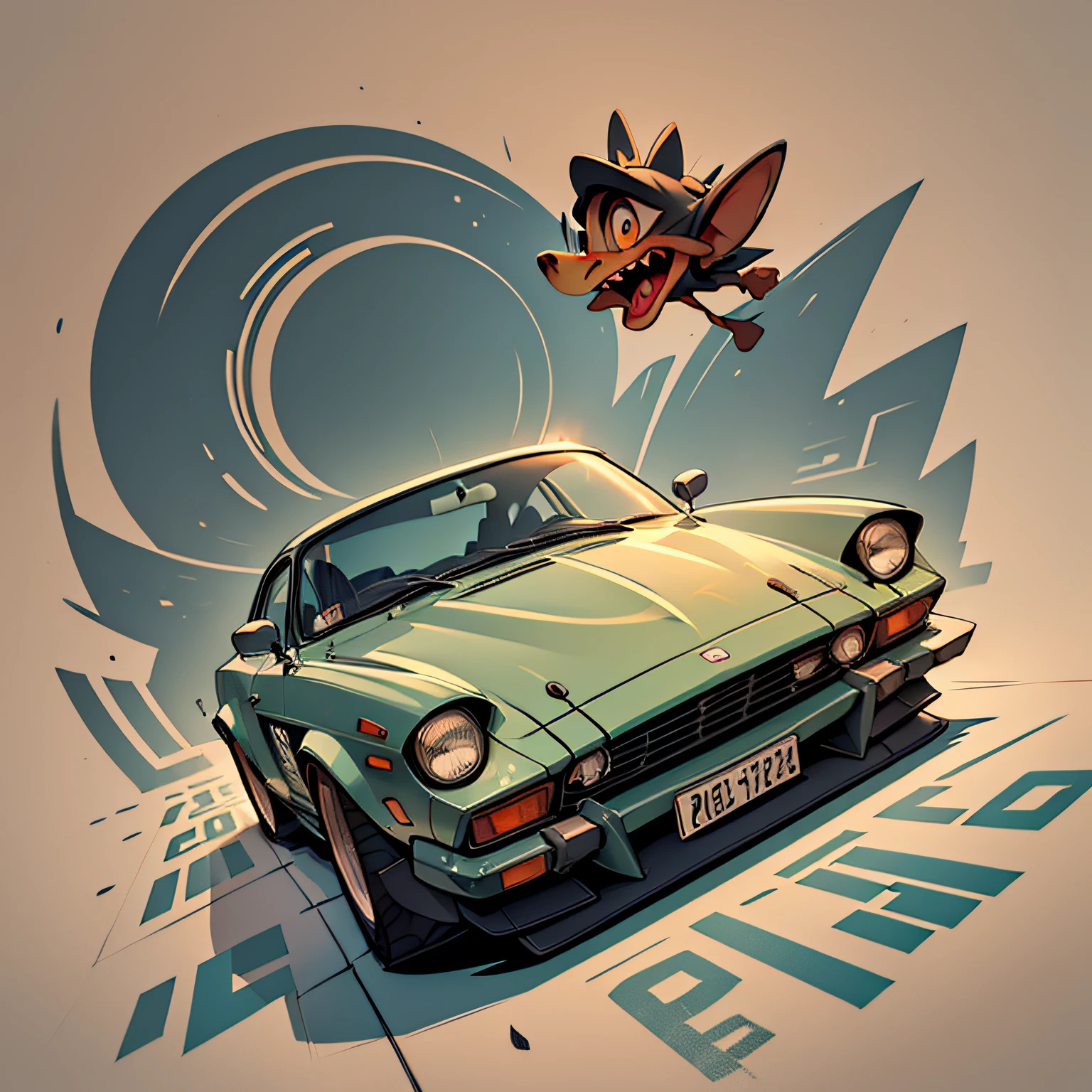 Datsun 180-j 1975 orangefarbenes Auto, mit Surfbrett oben drauf, Sehr detaillierte Abbildung.", Fahrzeugabbildung, Illustration im Cartoon-Stil, Cartoon-Stil, HD-Illustration, ultra-detaillierte Illustration, Vektorillustration, Hochdetailliert, hyperrealistisch, Sehr detaillierte Abbildung, hochdetaillierte Abbildung, Retro-Illustration, Sehr detaillierte Karikatur, künstlerische Illustration, Sehr detaillierte Vektorgrafiken, eine wunderschöne Kunstillustration