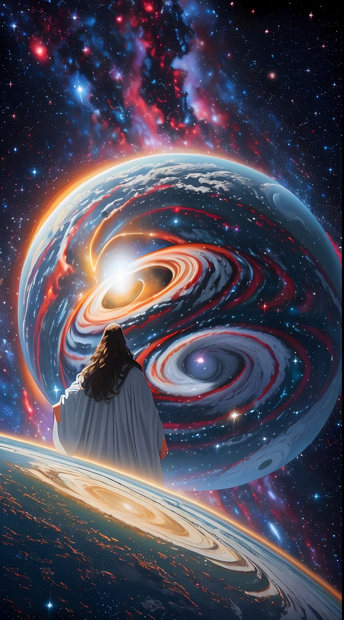 (Jesus Christus, (Schöpfer der Galaxien + Galaxien im Hintergrund:1.2), (Planet Erde:0.8)) Den Planeten erschaffen.