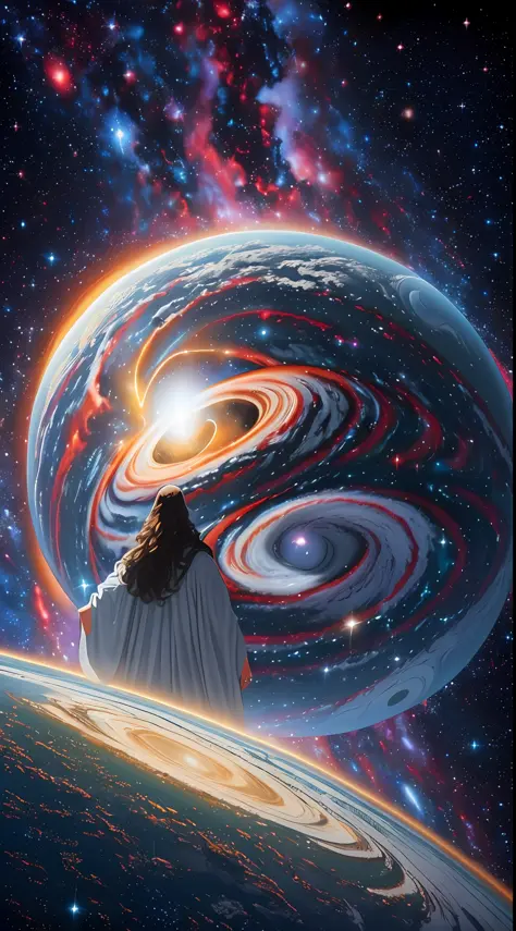 (Jesus Christ, (creator of galaxies + galaxies in the background:1.2), (Planet Earth:0.8)) Building the planet.