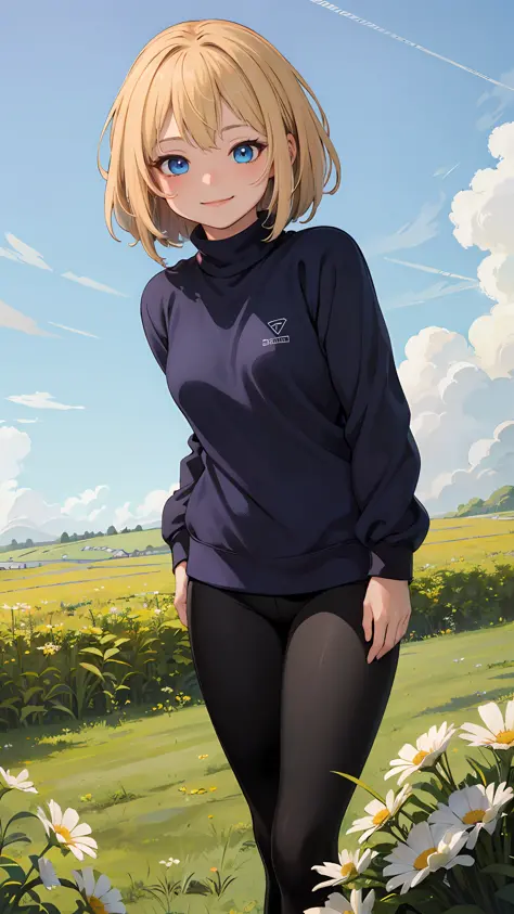 best quality, masterpiece, small breasts, smile, sweatshirt, leggings, outdoors, alone, anime style, grass field, daytime, blue ...