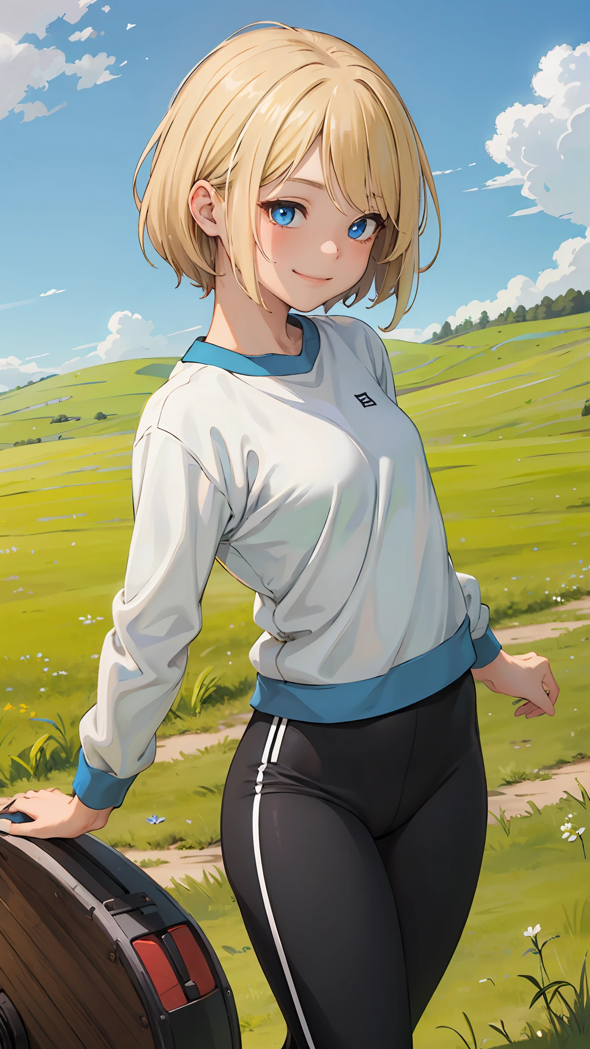 best quality, masterpiece, small breasts, smile, sweatshirt, leggings, outdoors, alone, anime style, grass field, daytime, blue sky, blue eyes, detailed eyes, medium hair, blonde hair, loose hair, bangs,