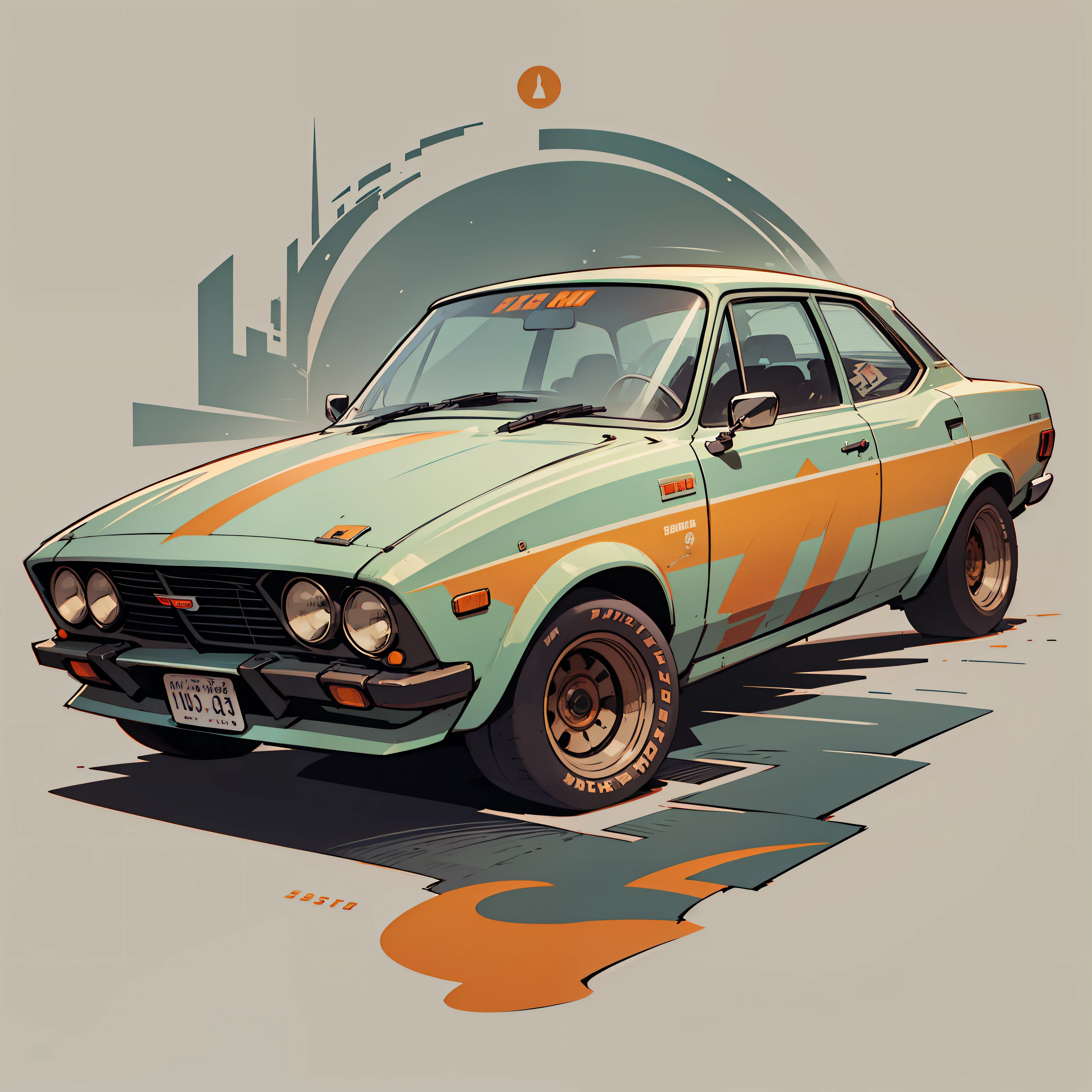 Carro laranja Datsun 180-j 1975, com prancha de surf em cima, Ilustração altamente detalhada.", Ilustração do veículo, ilustração de estilo cartoon, estilo de desenho animado, Ilustração HD, ilustração ultra-detalhada, ilustração vetorial, Hiper real altamente detalhado, Ilustração altamente detalhada, ilustração de alto detalhe, ilustração retrô, Caricatura altamente detalhada, ilustração artística, Arte vetorial altamente detalhada, uma bela ilustração de arte