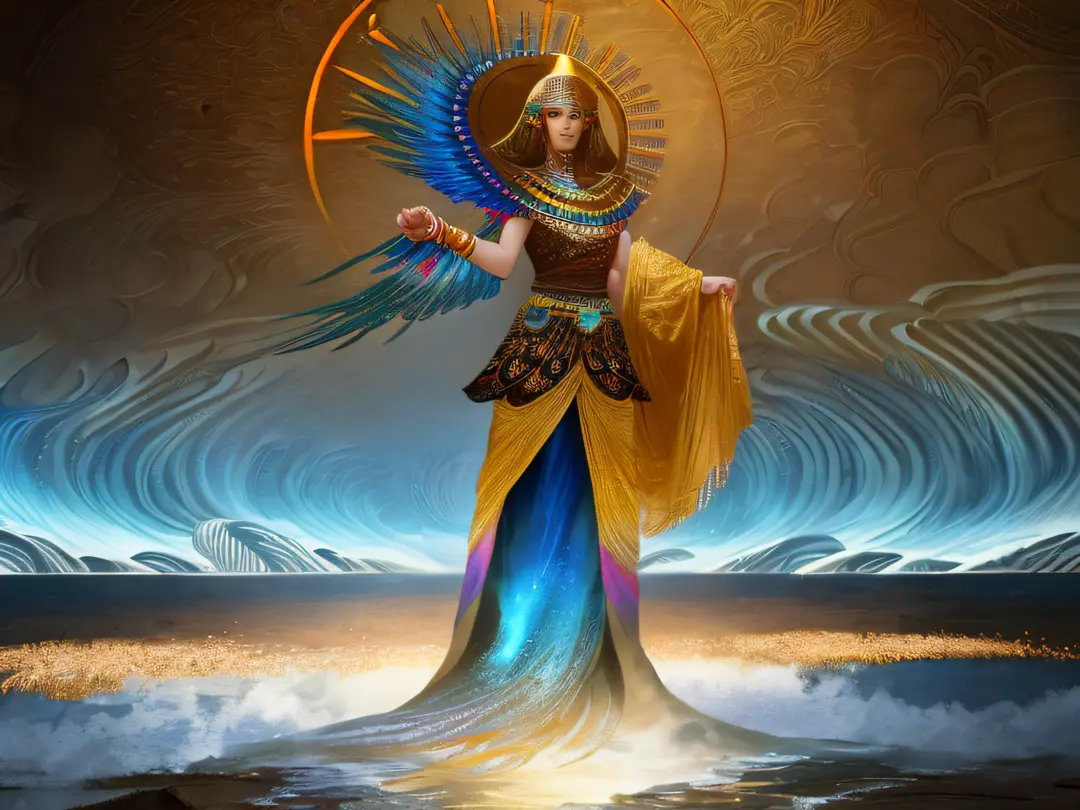 Isis the Goddess of Rainbow, Egyptian woman, peacock feathered wings, long flowing iridescent dress, standing on the edge of the...