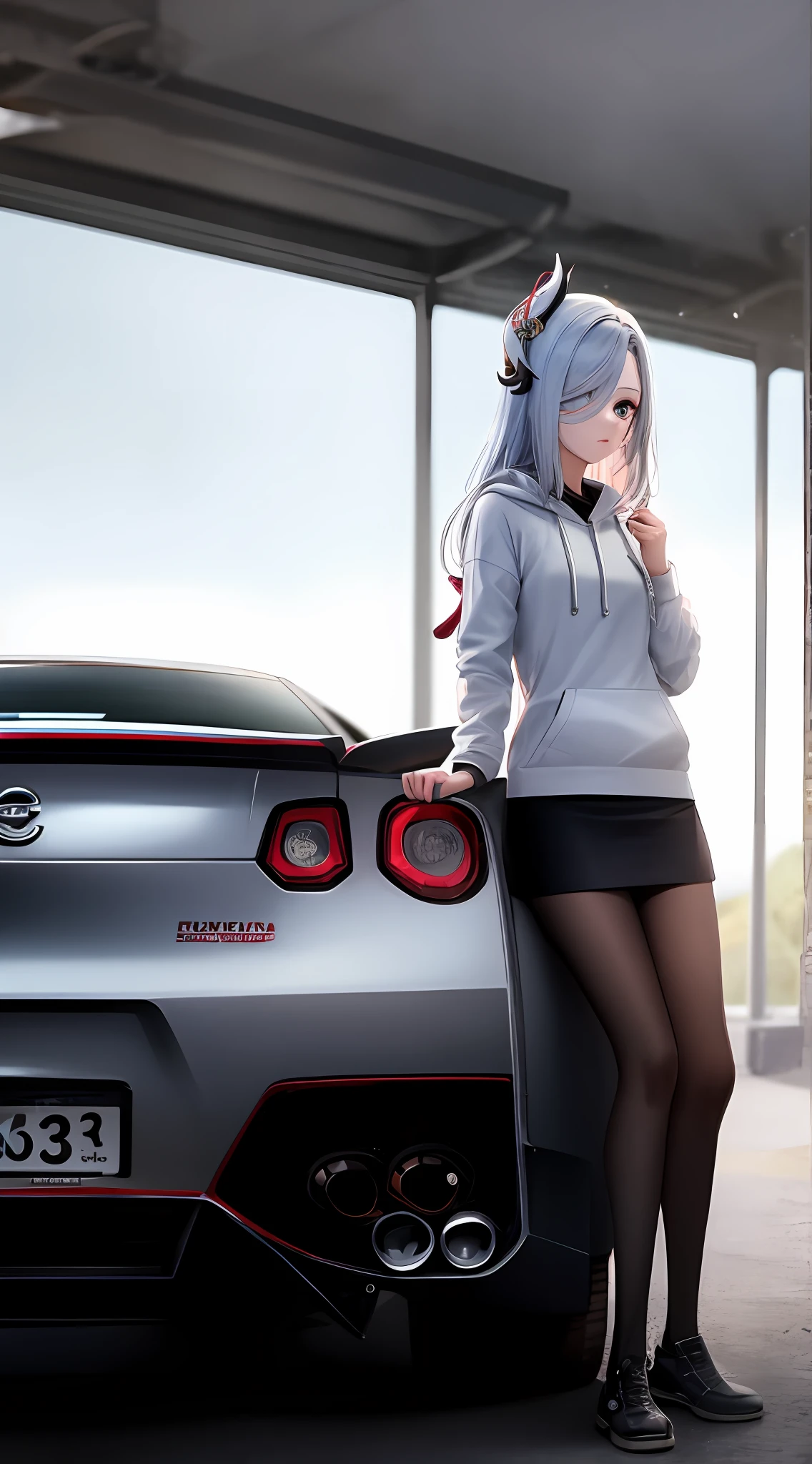 (aesthetic:0), (quality:0), (car:0), shenhedef, [[wrc]], (1girl:0), (boy:0), [[braid]], [[standing]], [[[[nurburgring]]]], white hoodie, short skirt, Nissan Skyline R34 GT-R Z Tune