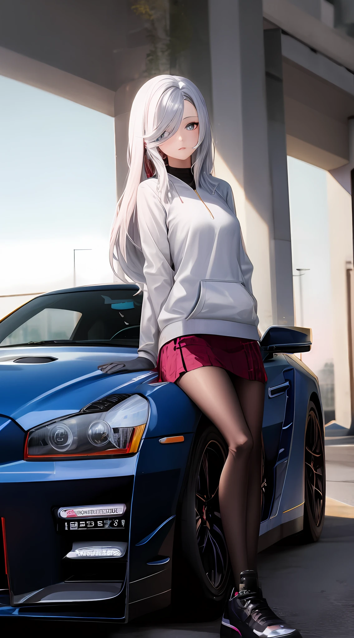 (aesthetic:0), (quality:0), (car:0), shenhedef, [[wrc]], (1girl:0), (boy:0), [[braid]], [[standing]], [[[[nurburgring]]]], white hoodie, short skirt, Nissan Skyline R34 GT-R Z Tune