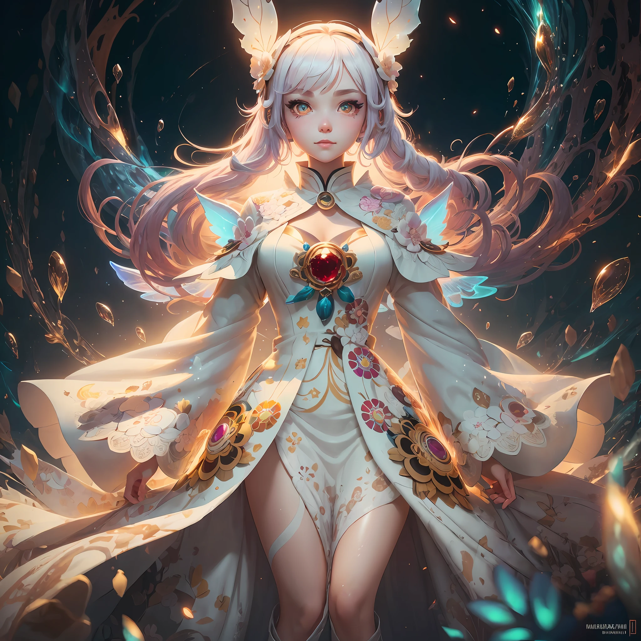 intense white light background, sparks way above head, a full length distant shot, (hyper ultra mega short chibi height adult person), a joyful pale Spunky Zesty Sprightly Caucasian women, fractal illustrated details, luminism, global ilumination, mischievous, hyperdetailed, onmyoji, cloths massively soaked in a sparking fairy dust and diamonds, art by Ilya Kuvshinov, full length body shot, bioluminescence, ultra pale skin, warm colors, intricate details, volumetric, DOF, a glaring eyes, a very intricate pupils, octane render, a ruby glaring lips makeup, detailed face, luminism, art Agnes Cecile , art by Muxxi, art by Albert Bierstadt, art by Takashi Murakami, ultra bright lighting setting, intense white glow, intense white bloom, intense white light background