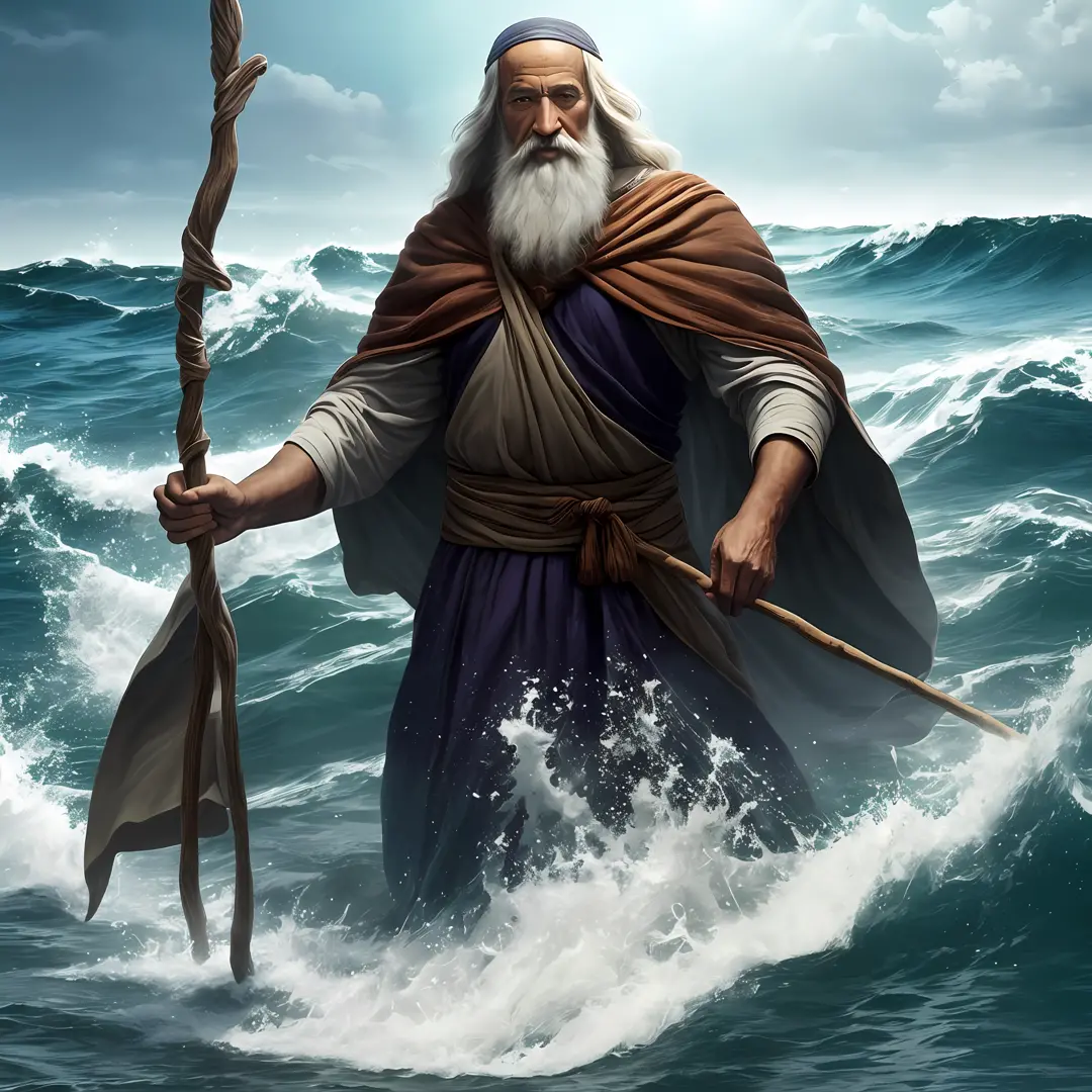 Moses from the Bible, imagem ultra realista, rica em detalhes, holding a staff with your hand, imagem de fundo se assemelha a um...