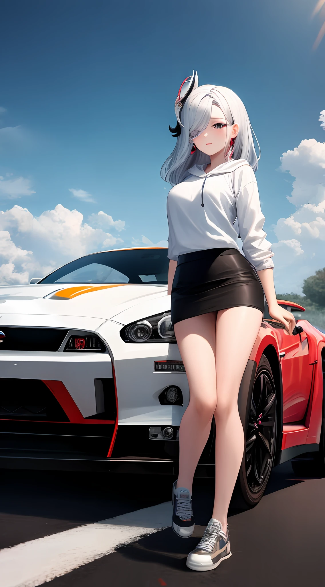 (aesthetic:0), (quality:0), (car:0), shenhedef, [[wrc]], (1girl:0), (boy:0), [[braid]], [[standing]], [[[[nurburgring]]]], white hoodie, short skirt, Nissan Skyline R34 GT-R Z Tune