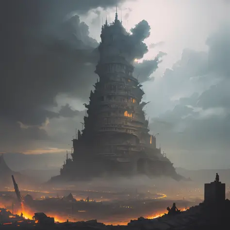 (pre-diluvial:1.2), Torre de Babel, narrow archaic monolith towering above a desolate city, (Torre de Babel:1.1), (medieval:1.0)...
