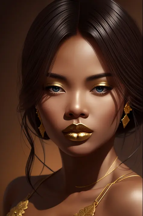 blasian beauty with lots of details, lust, white face, ferocious ecstasy, black lace, realistic, elaborated, dark skin, golden c...