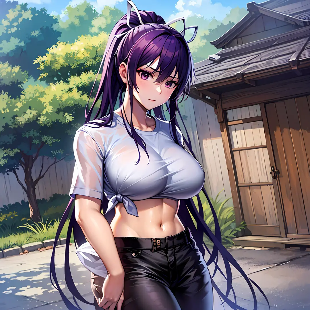 巨作、最好质量、hi-res、女の子1人、独奏、asymmetrical clothing、navels、purple eye、extra very long hair、tied shirt、abdominals、hair ribbon、single pa...