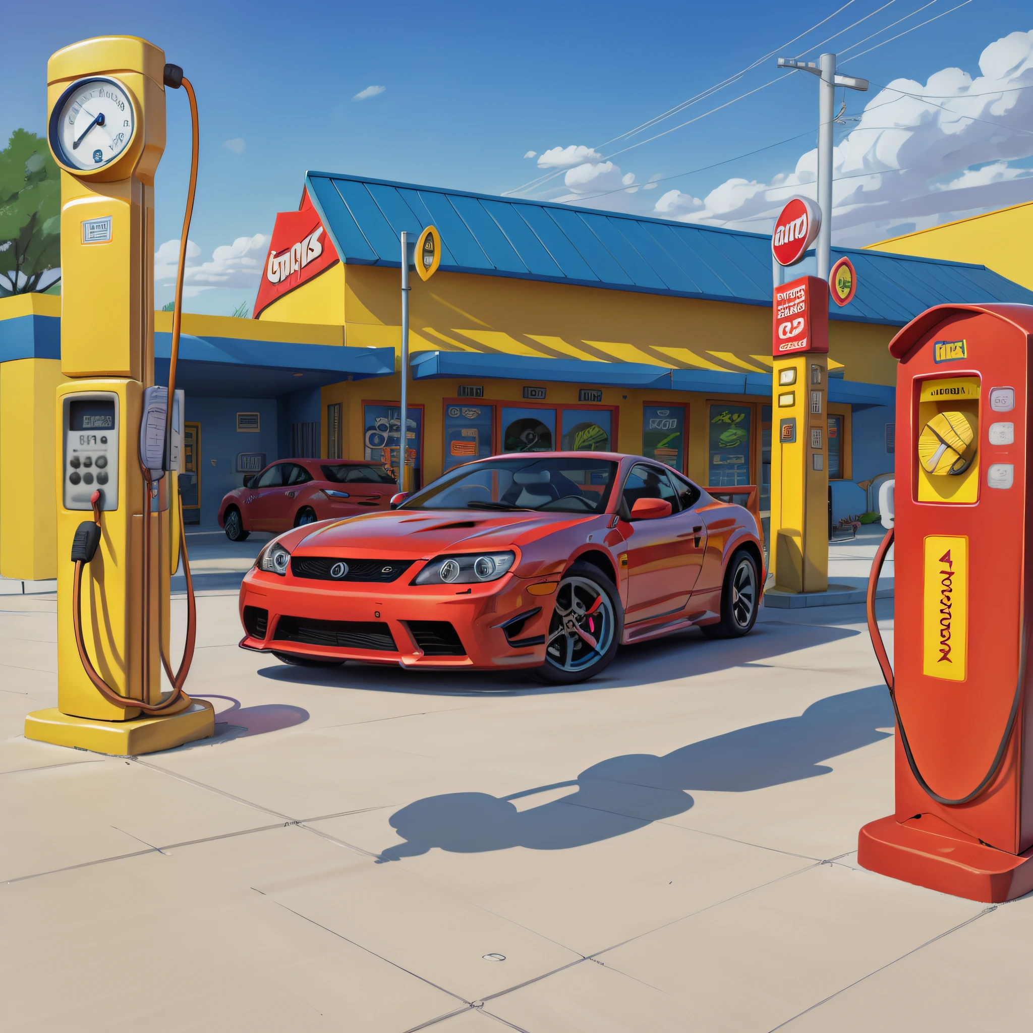 子供向けの塗り絵, シンプルなガソリンポンプの横にあるスポーツカー, 漫画風, 太い線, 詳細が少ない, 影なし