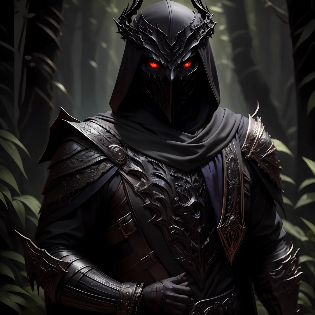 dark soul, A bodyless armor, black shawl, black hood, no face, male, armor carving, demonic armor, black face, scarlet eyes, bar...