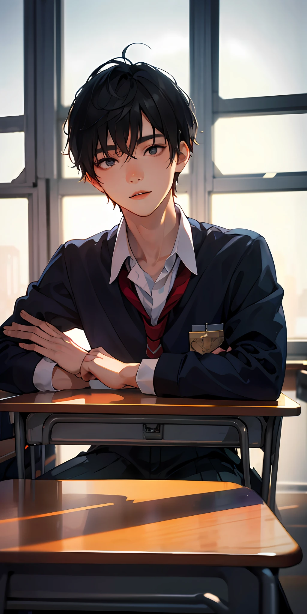 young teenager，Young men，High school students，The background is in the classroom，School uniform，extreme hight detail，Realistic light and shadow，Sunlight comes in through the windows，facula，softlighting，soft focus，the best quality