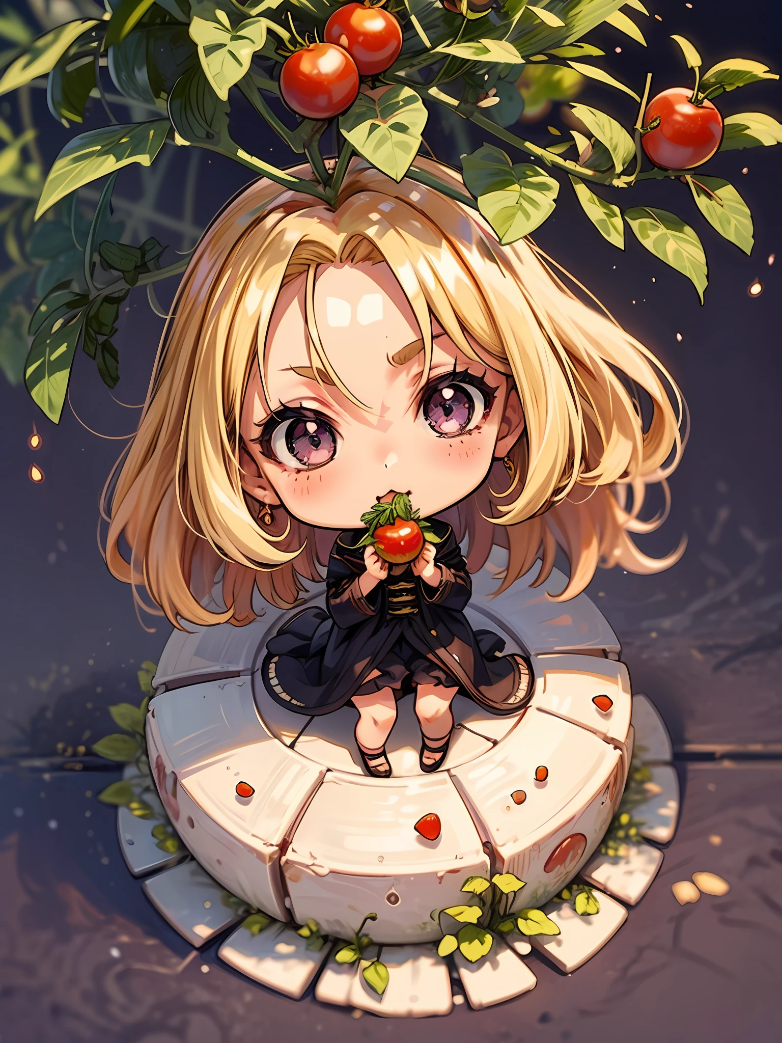 A girl crouching in front of a cherry tomato tree and eating cherry tomatoes. 1 girl, solo, goldenhair, Curly hair, side parting, Purple eyes. she is one piece. Her background is lined with cherry tomato trees that are taller than the girl. fantasy ((Chibi T-Shi))