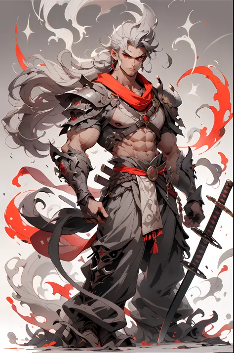 1boys， arma， Male focus， ， length hair， ， ， hold Sword， ， ， to stand， armour， grayish hair， scabbard， chest muscle， ， waist belt...