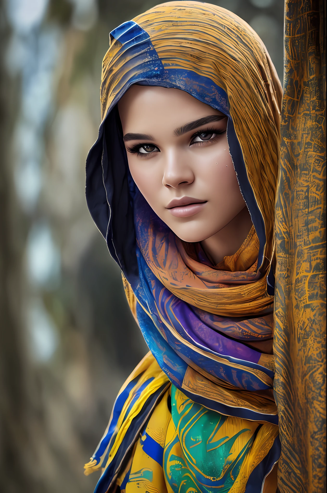 a portrait photo of Bruna Marquezine, natural skin texture, 24mm, textures 4k, dirty skin, soft  Cinematic Light, adobe lightroom, photolab, Grinning, bandana, detailed rain, detailed water drops, skin wet, freezing, Masterpiece artwork, (beautiful detailed eyes: 1.1), best qualityer, illustration, (Detailed lighting: 1.2), (beautiful detailed shine: 1.3), leather clothing, deep decolte, intrikate, digitalpainting, Soft, sharp foc, end of world,  epic realistic, (hdr:1.4), (Muted colours:1.4), pirates, Neutral Colors, natta, refractions of screen space, (detalhes intrikates, hyper-detailed:1.3), Cinematographic photo, vignette, Seaship Deck Bottom, fundo de batalha de navios pirates, dim colors