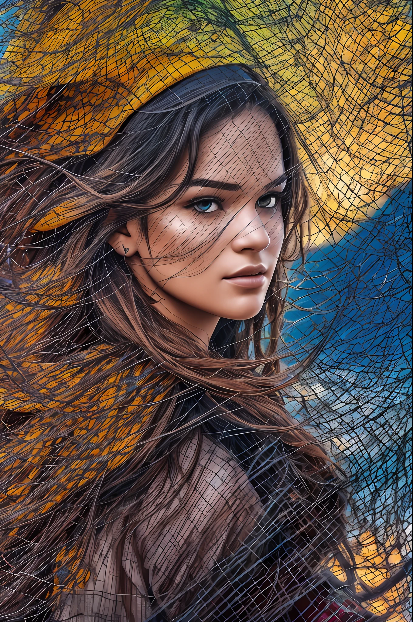 a portrait photo of Bruna Marquezine, natural skin texture, 24mm, textures 4k, dirty skin, soft  Cinematic Light, adobe lightroom, photolab, Grinning, bandana, detailed rain, detailed water drops, skin wet, freezing, Masterpiece artwork, (beautiful detailed eyes: 1.1), best qualityer, illustration, (Detailed lighting: 1.2), (beautiful detailed shine: 1.3), leather clothing, deep decolte, intrikate, digitalpainting, Soft, sharp foc, end of world,  epic realistic, (hdr:1.4), (Muted colours:1.4), pirates, Neutral Colors, natta, refractions of screen space, (detalhes intrikates, hyper-detailed:1.3), Cinematographic photo, vignette, Seaship Deck Bottom, fundo de batalha de navios pirates, dim colors