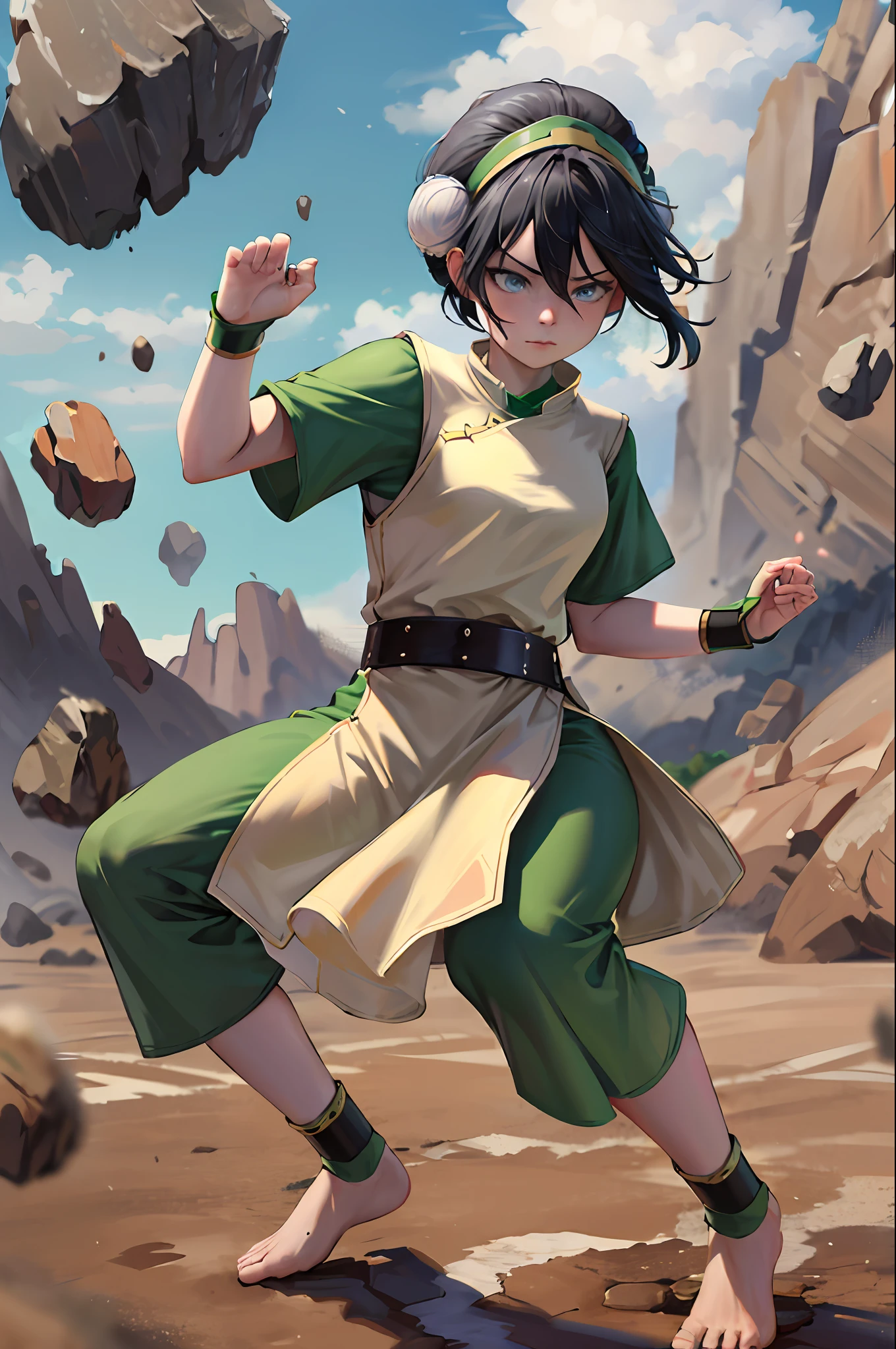 masterpiece, best quality, highres, 1girl, solo, black hair, hairband, belt, short hair, dress, blue eyes, hair bun, green hairband, blind, chinese clothes, hair bun, green dress, short sleeves, pelvic curtain, barefoot, fighting stance, rock, outdoors,