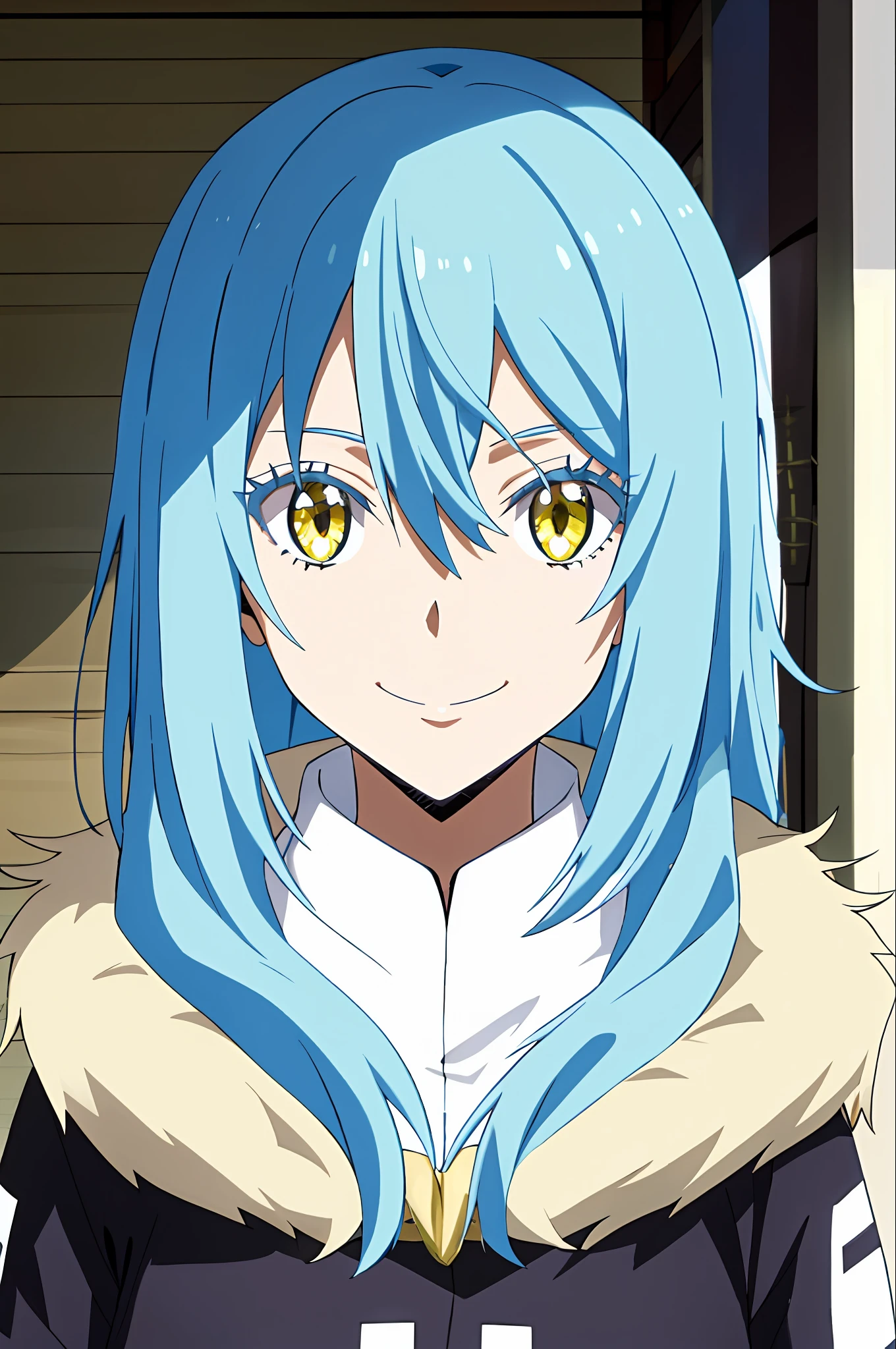 tensura, Shirt, Yellow eyes, Blue hair, Smile, Long hair, 1other, Hair between the eyes, looking to viewer, bangs, solo, fur-trim, closed mouth, androgynous, at street, colored eyelashes, Shiny hair, ((Masterpiece))