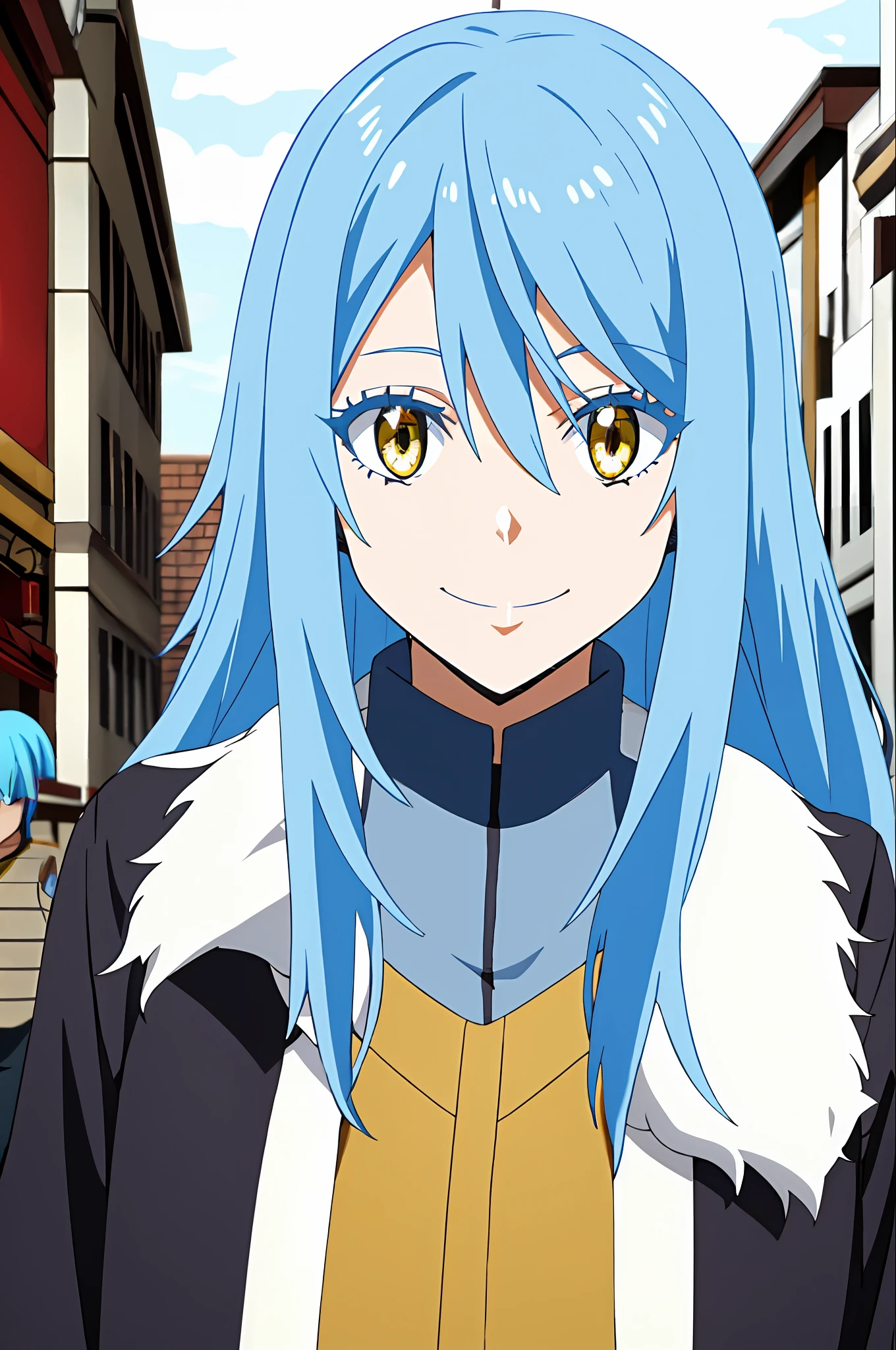 tensura, Shirt, Yellow eyes, Blue hair, Smile, Long hair, 1other, Hair between the eyes, looking to viewer, bangs, solo, fur-trim, closed mouth, androgynous, at street, colored eyelashes, Shiny hair, ((Masterpiece))