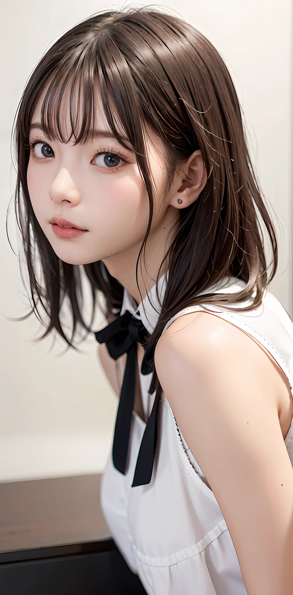 ((Masterpiece、1 beautiful girl、detailed eye、Shorthair with bangs、neck long、Put your ears out))、big eye、Distinct double eyelids、((best quality, ultra-high-resolution)), (Realisticity: 1.4), OriginalPhotographs, 1Girl,Cinema tick writing、japanes、Asian Beauty、Korea person、Super beauty、Beautiful skin、extremely large bosom、A slender、the body is facing forward、(ultra realisitic)、(A high resolution)、(8K)、(Very Details)、(Best Illustration)、(beautifully detailed eyes)、(ultra hyper-detailed)、detailed faces、lookig at viewer、Facing straight ahead、Neat and clean clothes、sleeveless、short-hair、black har、46-point diagonal bangs、Background is really nothing but pure white background、neat atmosphere、