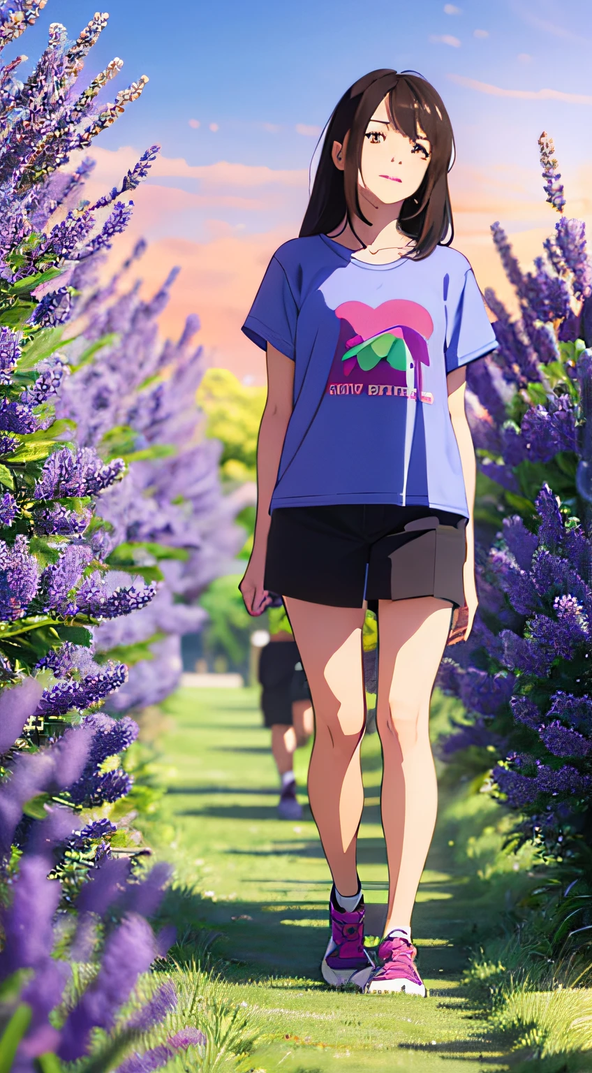 walking through a lavender field、1girl in, Light blue T-shirt、、Shinkai Makotokaze、Best Quority、巨作、Very Details、ultra hyper-detailed、