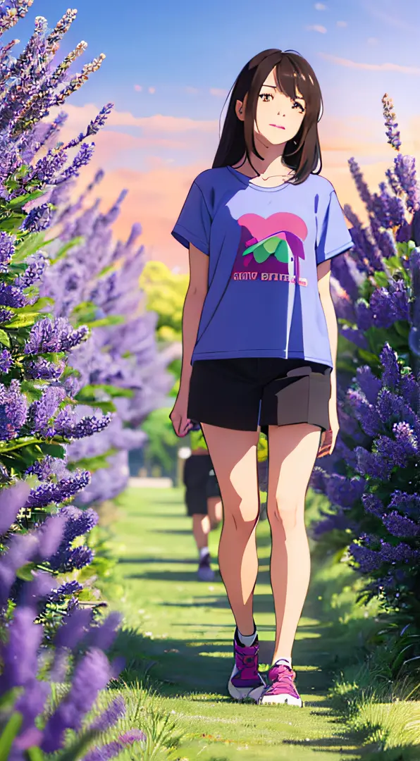 walking through a lavender field、1girl in, Light blue T-shirt、、Shinkai Makotokaze、Best Quority、巨作、Very Details、ultra hyper-detai...