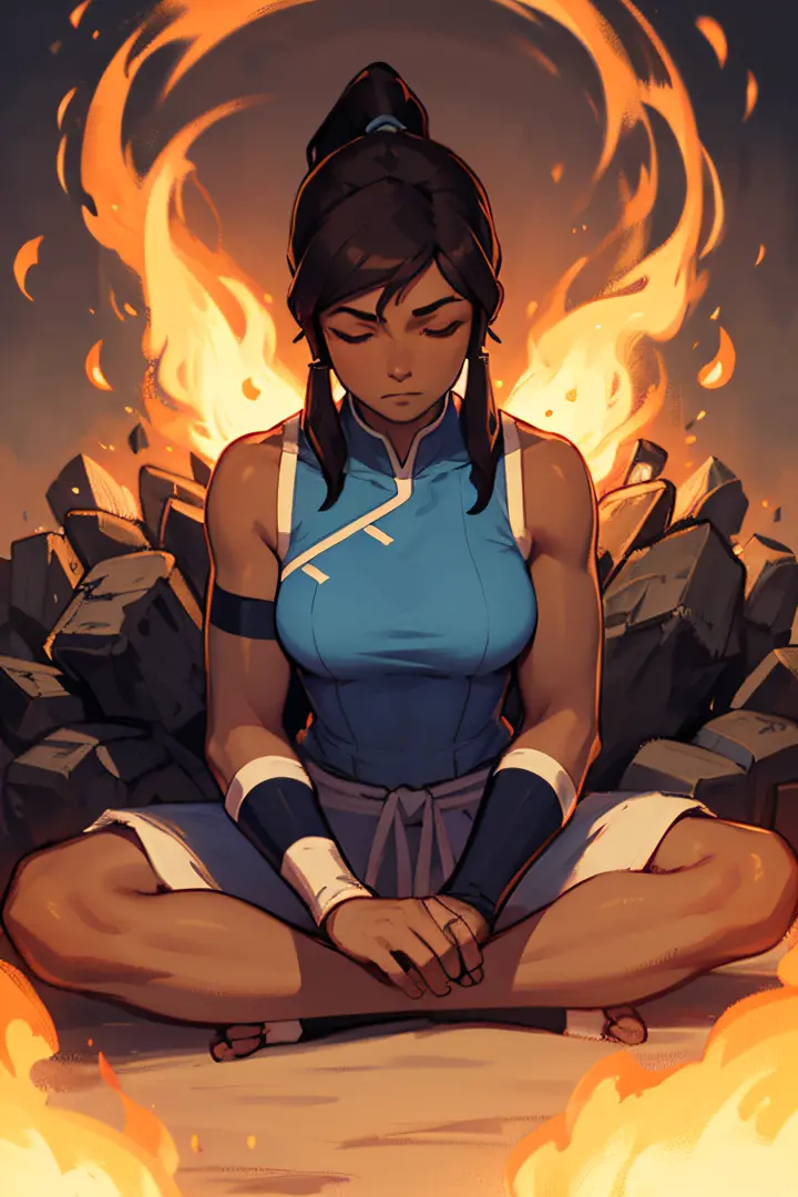 masterpiece, best quality, 1girl, korra, casting circe of fire arround her, solo, dark skin, blue eyes, brown hair, dark-skinned...