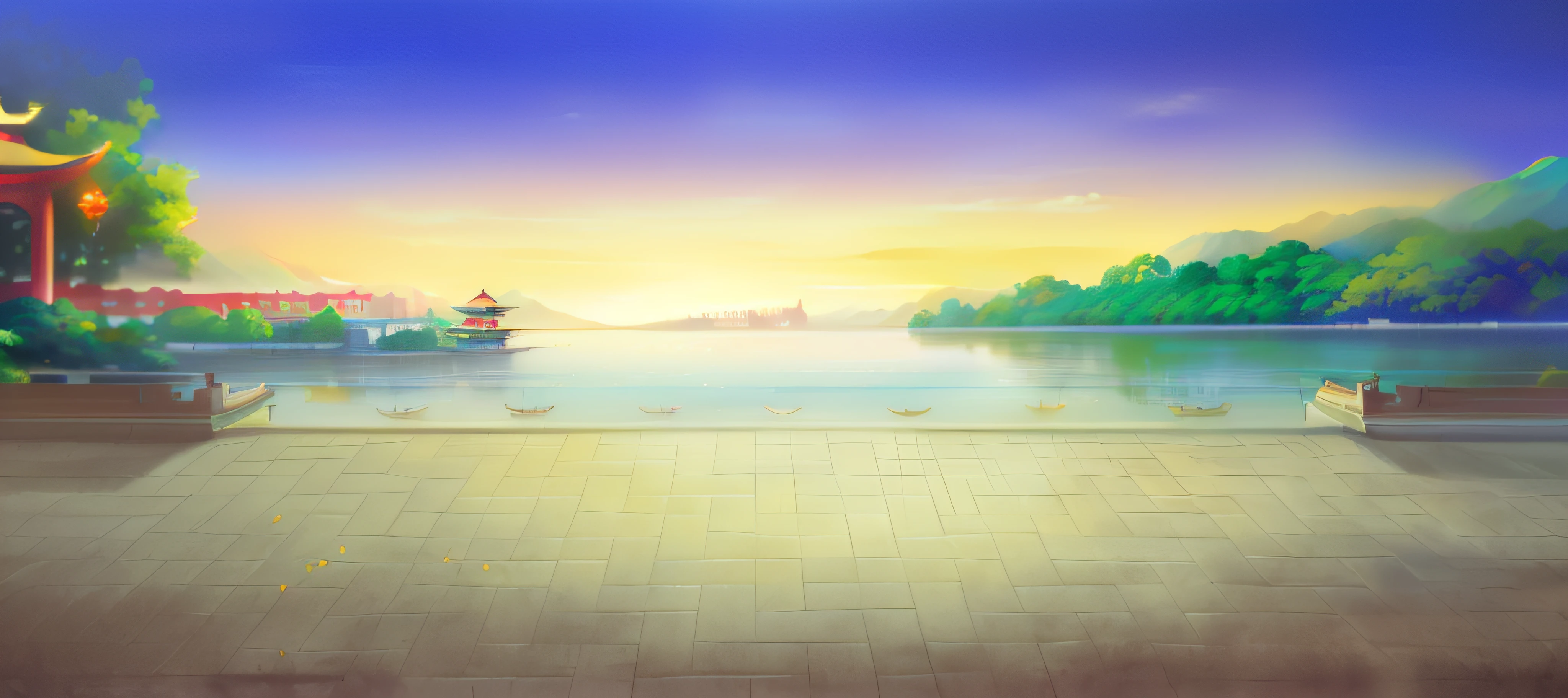 painting of a beautiful landscape with a lake and a pagoda, palace background, Lake background, Anime background art, beautiful lake background, background artwork, a temple background, port scene background, royal garden background, arte de fundo, light kingdom backdrop, anime backgrounds, Dawn background, golden hour background, Detailed scenery —width 672, renaissance port city background, ballroom background