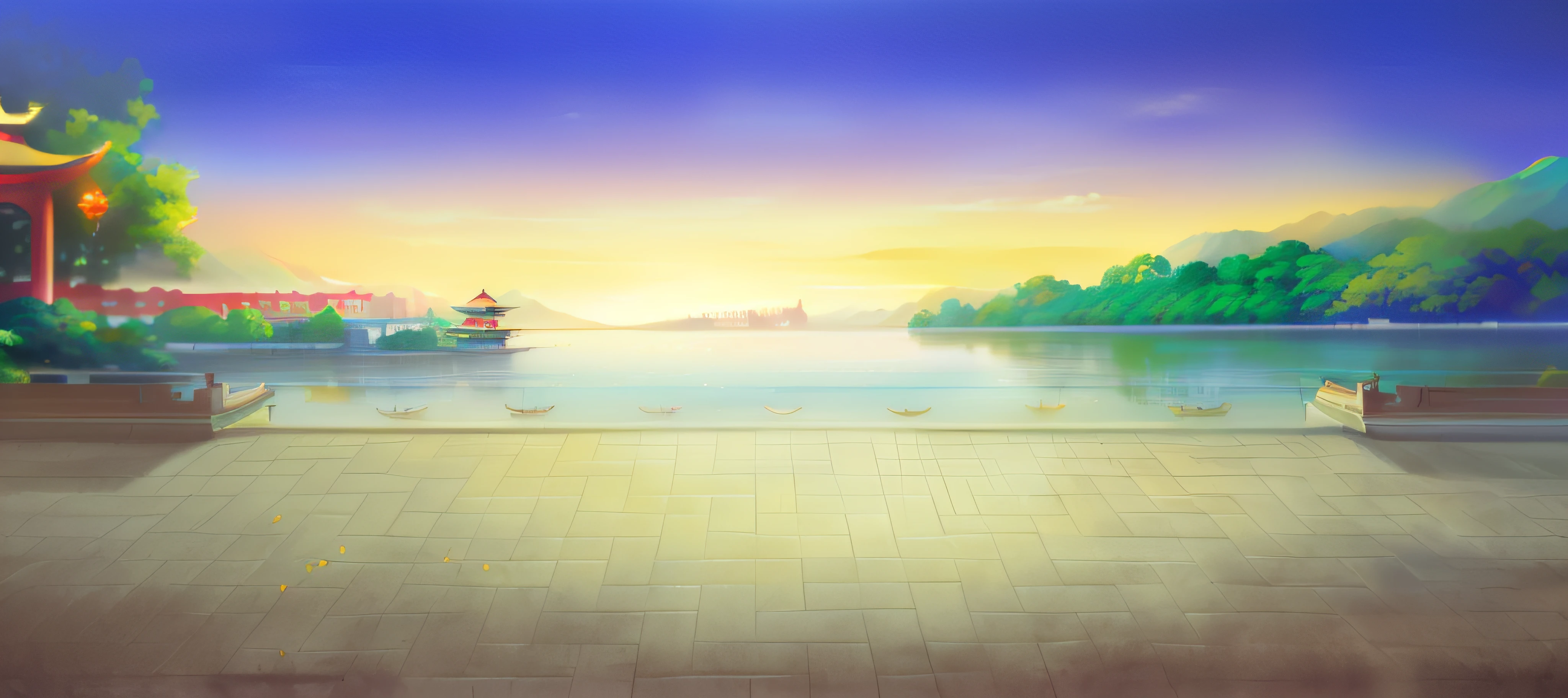 pintura de uma bela paisagem com lago e pagode, fundo do palácio, fundo do lago, arte de fundo de anime, fundo lindo lago, arte de fundo, um fundo de templo, fundo de cena portuária, fundo do jardim real, arte de fundo, cenário do reino da luz, fundos de anime, fundo do amanhecer, fundo da hora dourada, cenário detalhado - largura 672, fundo da cidade portuária renascentista, fundo de salão de baile