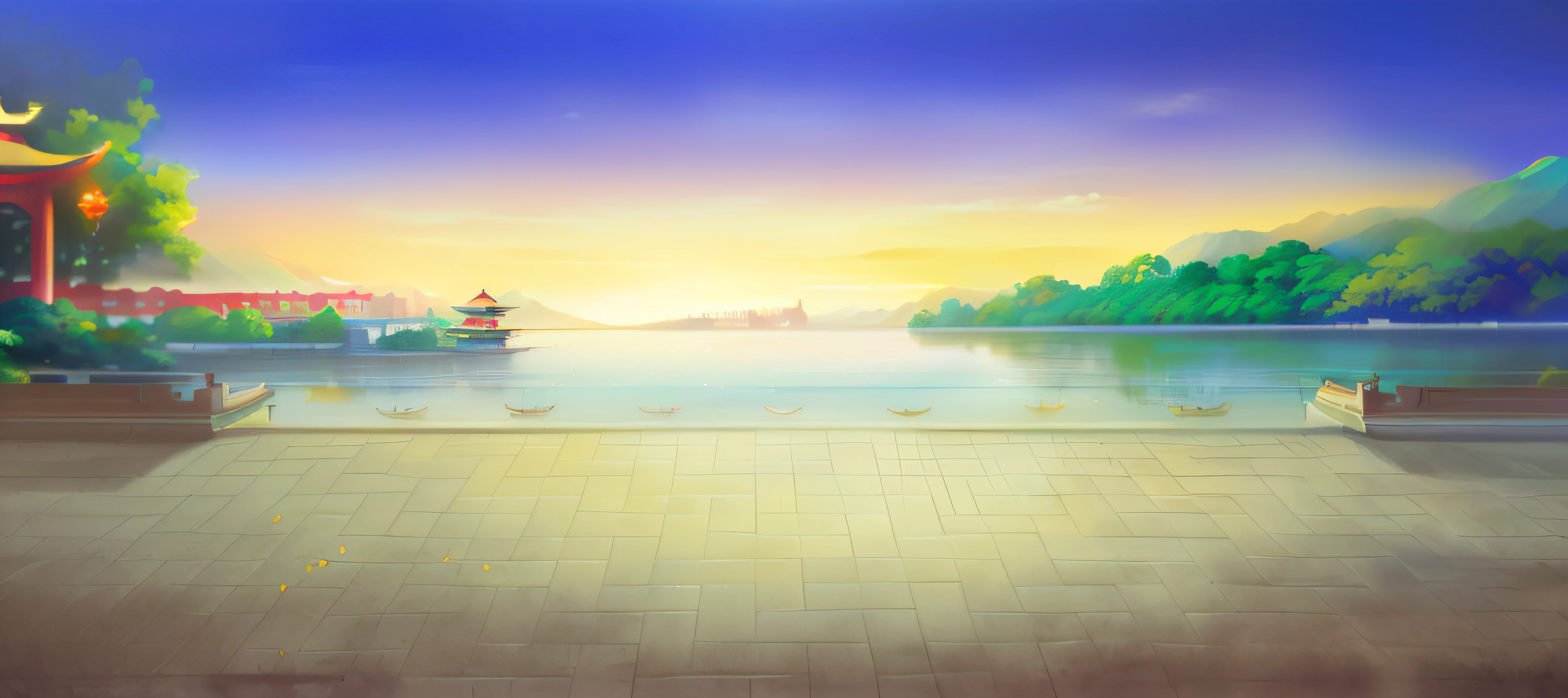 painting of a beautiful landscape with a lake and a pagoda, palace background, Lake background, Anime background art, beautiful lake background, background artwork, a temple background, port scene background, royal garden background, arte de fundo, light kingdom backdrop, anime backgrounds, Dawn background, golden hour background, Detailed scenery —width 672, renaissance port city background, ballroom background