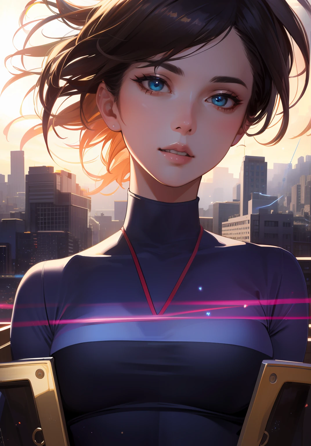 (masterpiece), best quality, highres, (realistic face:1.1), (hyperrealistic:1.3), 4k, 8k, Detailed Illustration, intricate detail, cityscape,
glowing particles,naughty face,floating, 1girl,(skin tight:1.3),medium breasts , perfect eyes,(shiny skin:1.2),
cinematic lighting, sharp shadows, amazing quality, amazing shading, soft lighting, (symetry:0.3), facing camera, ultra-detailed , mrmdturtleneck, baggy pants,MaryMS