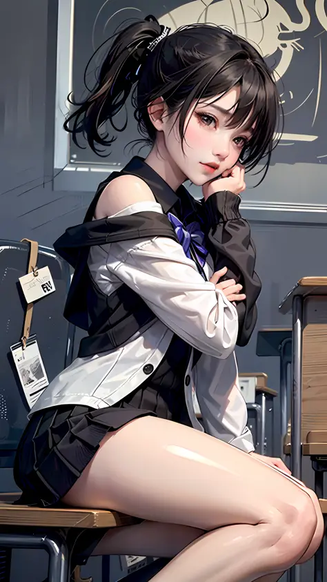 “（masterpaintings，Hi-Def，ultra high def，4K）Black hair with double ponytail，14-year-old Japanese girl high school student，Bare sh...