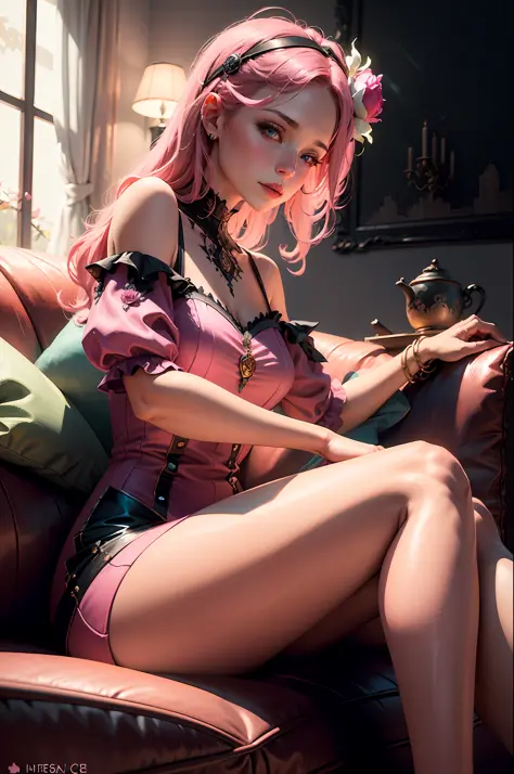 araffed woman in a pink dress sitting on a couch, a digital painting inspired by Rose Henriques, tumblr, fantasy art, pink vibe, pink girl, 8k high quality detailed art, in the art style of bowater, 🌺 cgsociety, some pink, realistic artstyle, dressed in a ...