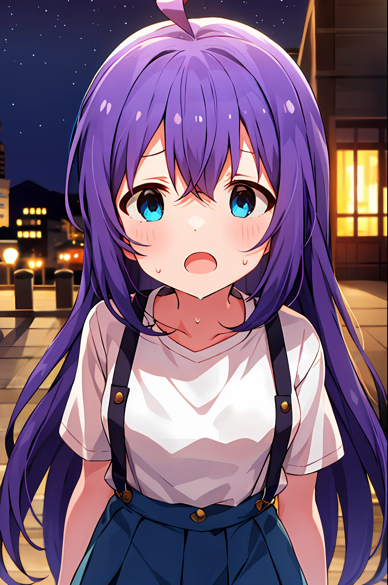 mochizuki anna,1girl in,Solo,Long hair,Purple hair,Small_Ahoge,Blue Eyes.Short stature.white t-shirts.suspenders.Skirt.Night view.Despair face.Sweat.Opening Mouth.