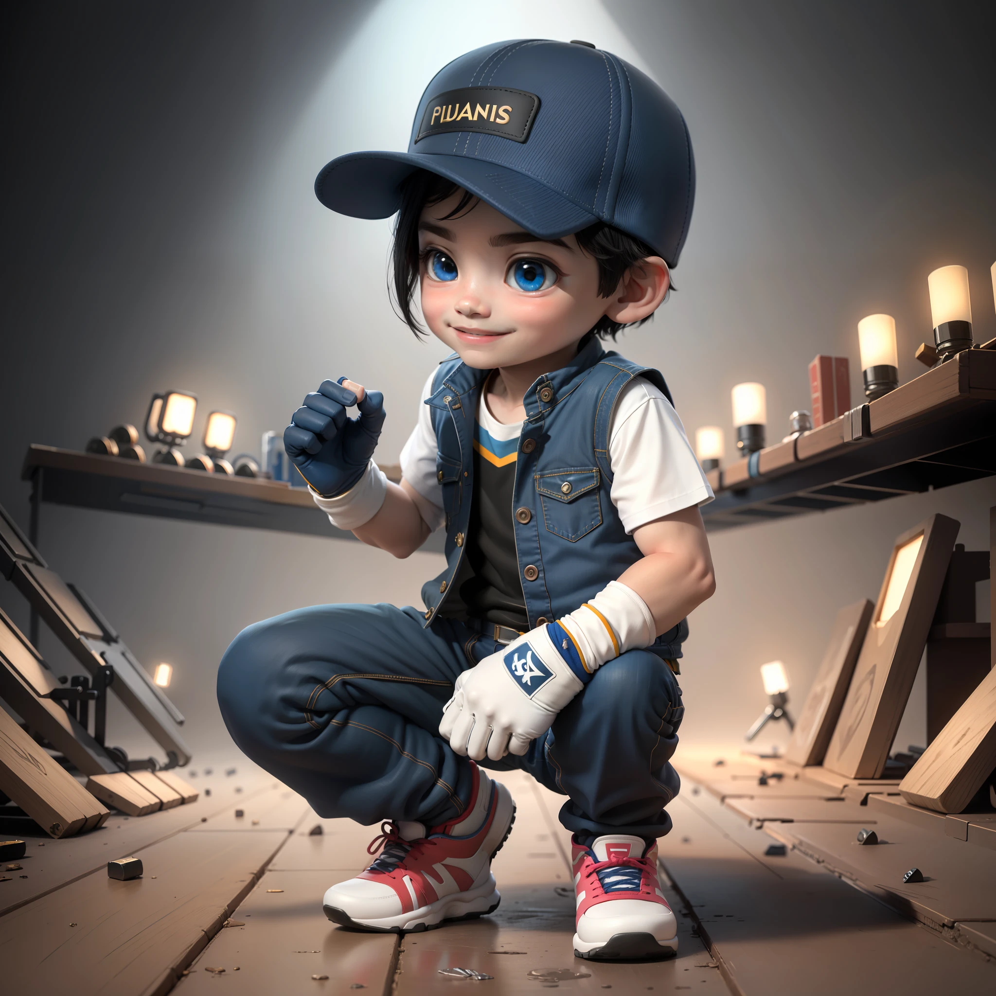 ((masterpiece, best quality)),(complex lighting),,solo, smile, blue eyes, black hair, simple background, gloves, 1boy, 4 year old, hat, white background, full body, male focus, shoes, pants, fingerless gloves, vest, baseball cap,