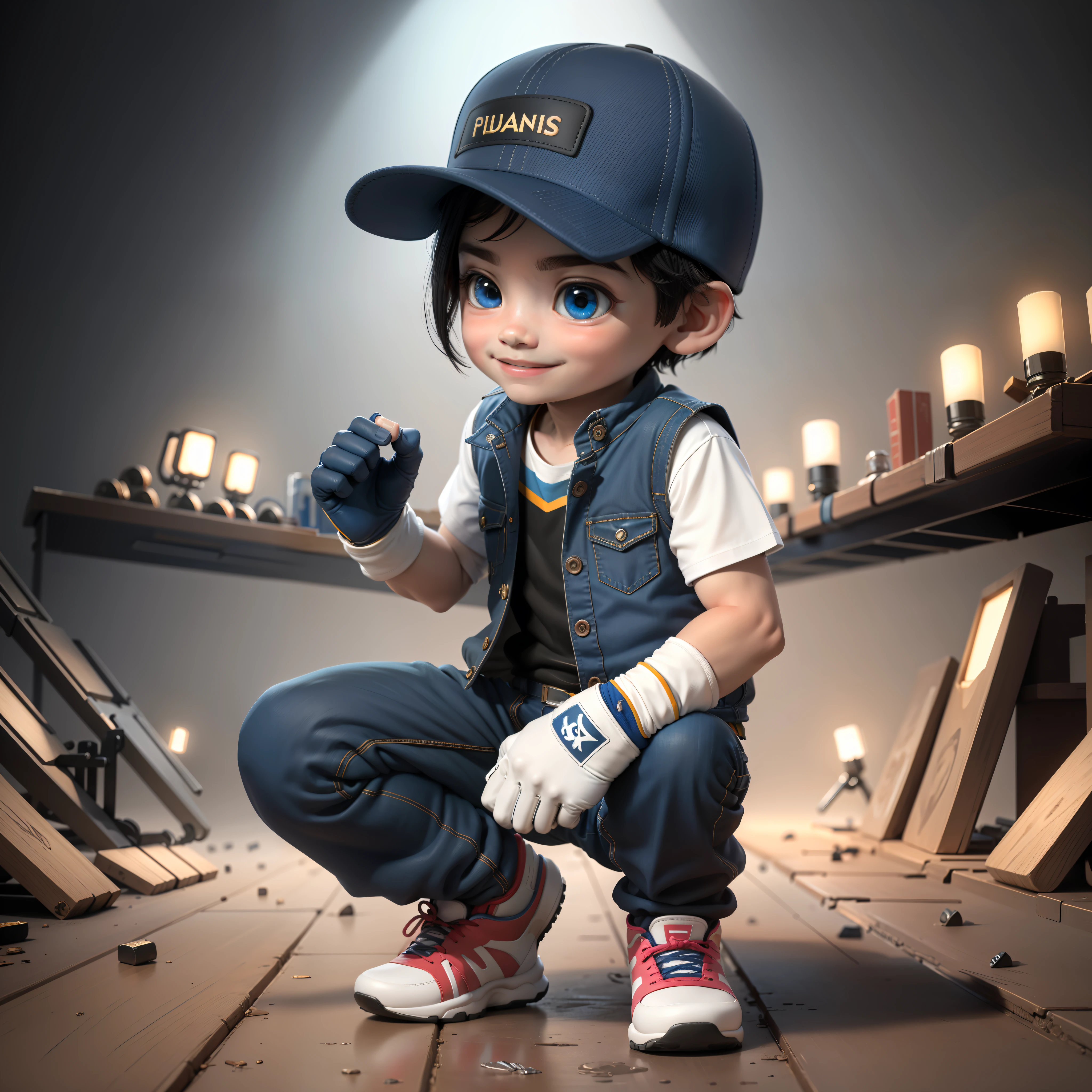 ((masterpiece, best quality)),(complex lighting),,solo, smile, blue eyes, black hair, simple background, gloves, 1boy, 4 year old, hat, white background, full body, male focus, shoes, pants, fingerless gloves, vest, baseball cap,