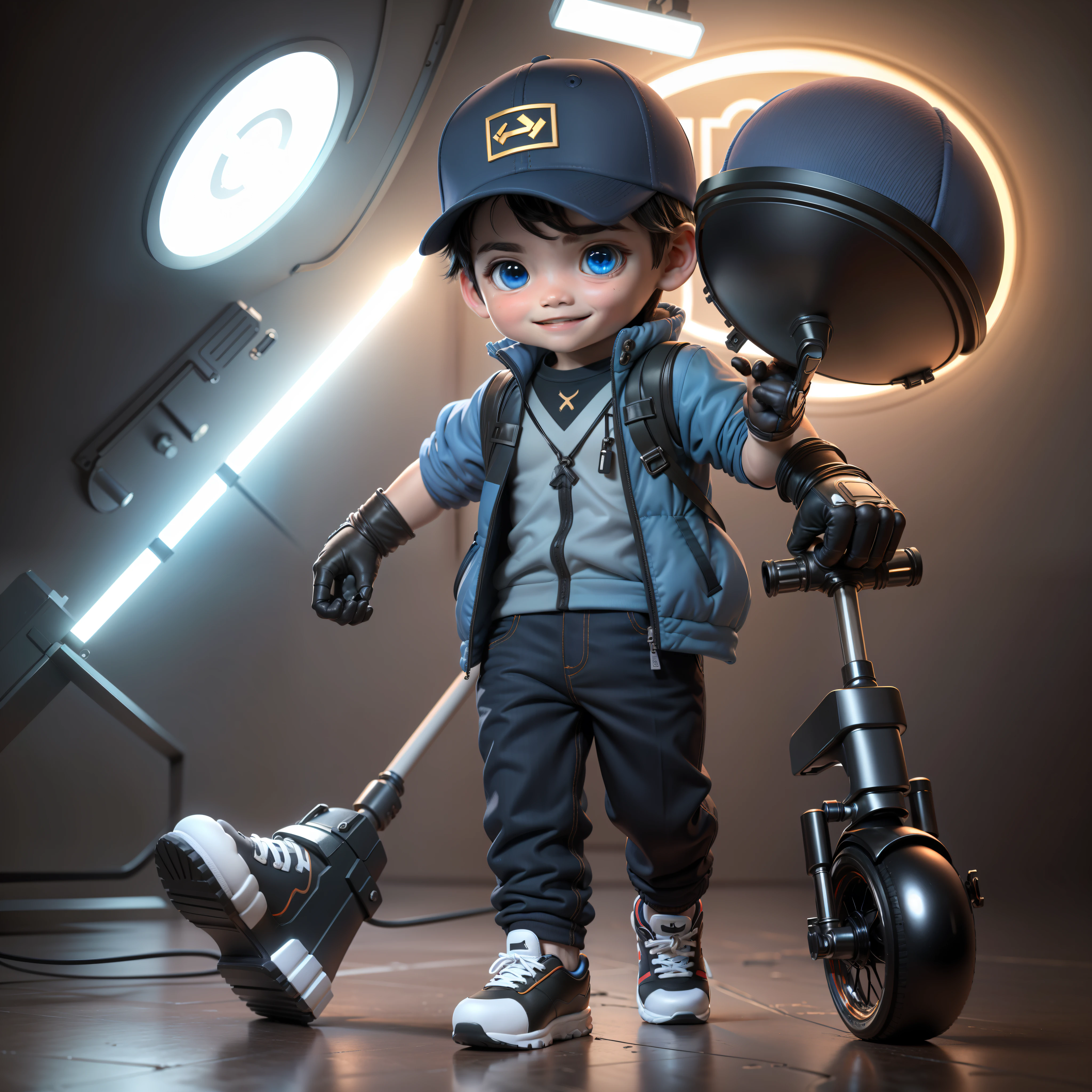 ((masterpiece, best quality)),(complex lighting),,solo, smile, blue eyes, black hair, simple background, gloves, 1boy, 4 year old, hat, white background, full body, male focus, shoes, pants, fingerless gloves, vest, baseball cap,