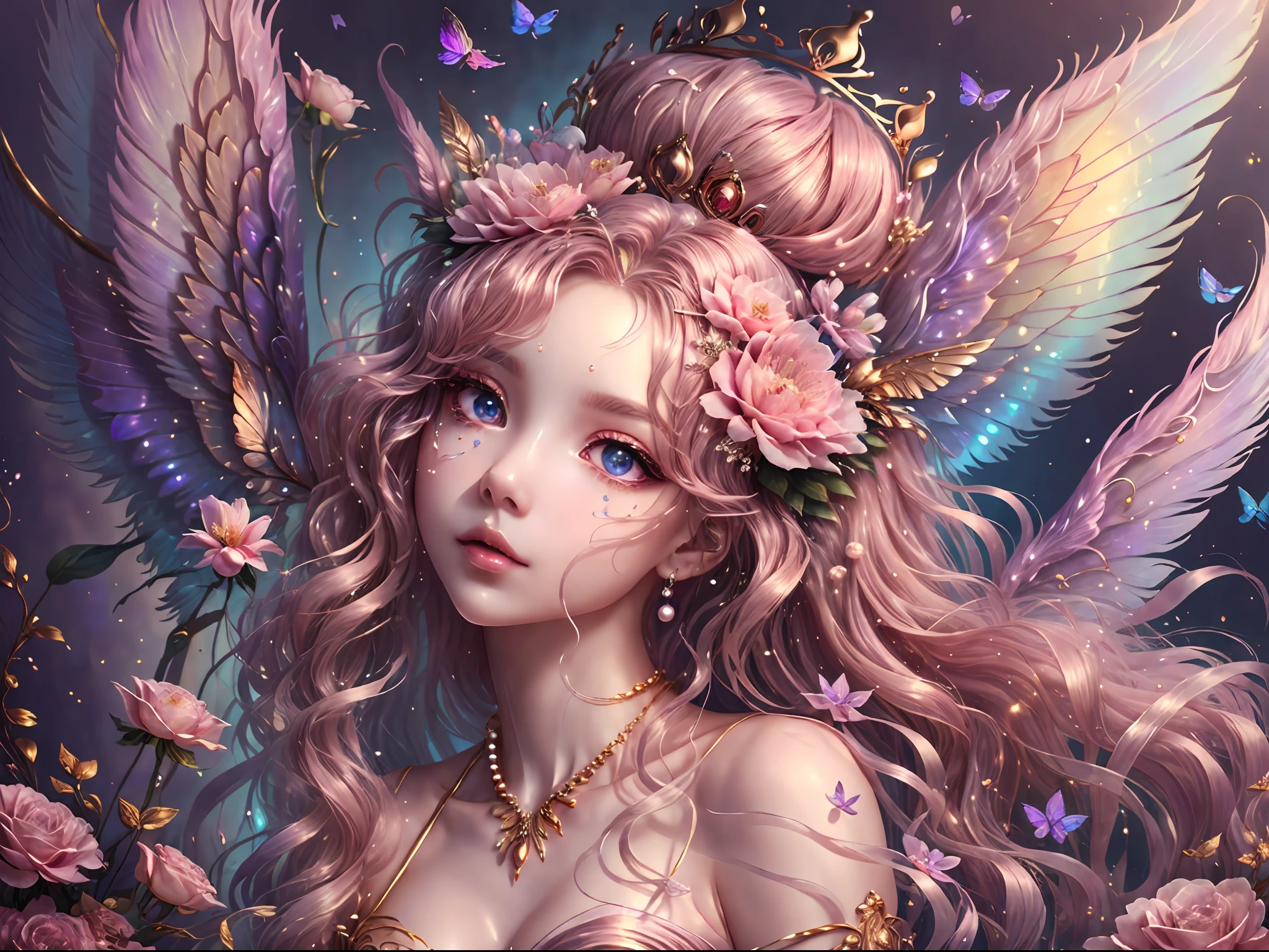 Generate a delicate flower princess in an ethereal grove of flowers. Include floating feathers and ribbons and highly detailed and delicate gilded butterflies. She has a highly detailed face with big, intricate eyes, puffy lips, and gossamer wings. Her wings are iridescent and translucent. She has a crown of multicolored and differently sized flowers. HC_gowns of silk, satin, and pearls. Her eyes are large, 8k eyes, hires eyes, beautiful detailed eyes, beautiful detail eyes, realistic eyes, distinct eyes, and colorful eyes. Include shimmering liquid gold. Ethereal ambience, dreamy color school, dreamy style, lots of pink and pale lilac colors. Background should be pretty with shades of pink and purple and soft blue. Lighting: Hazy and dreamy. Camera: utilize dynamic composition to create a soft, ethereal image. Realistic hair texture, realistic skin texture